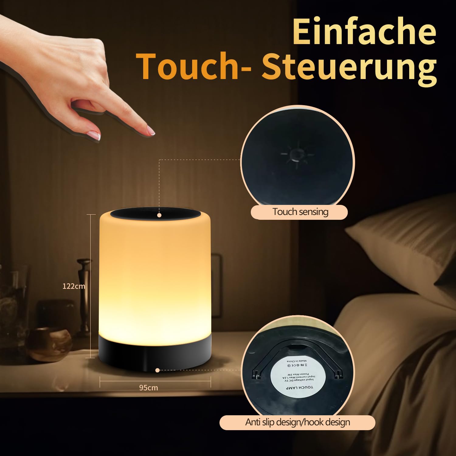 OORUN Touch Bedside Table Lamp, 13 RGB Colors, 5 Brightness Levels, USB Rechargeable, Black, Model F8, 3.74inD x 3.74inW