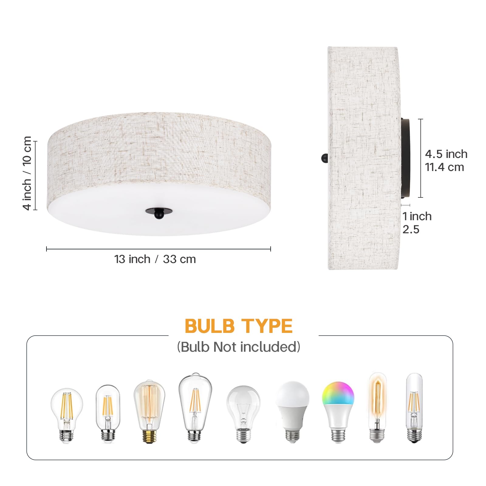 Calokes Flush Mount Ceiling Light Fixture, 13'' Close To Ceiling Light With Beige Fabric Linen Drum Shade, 2-Light Modern Round