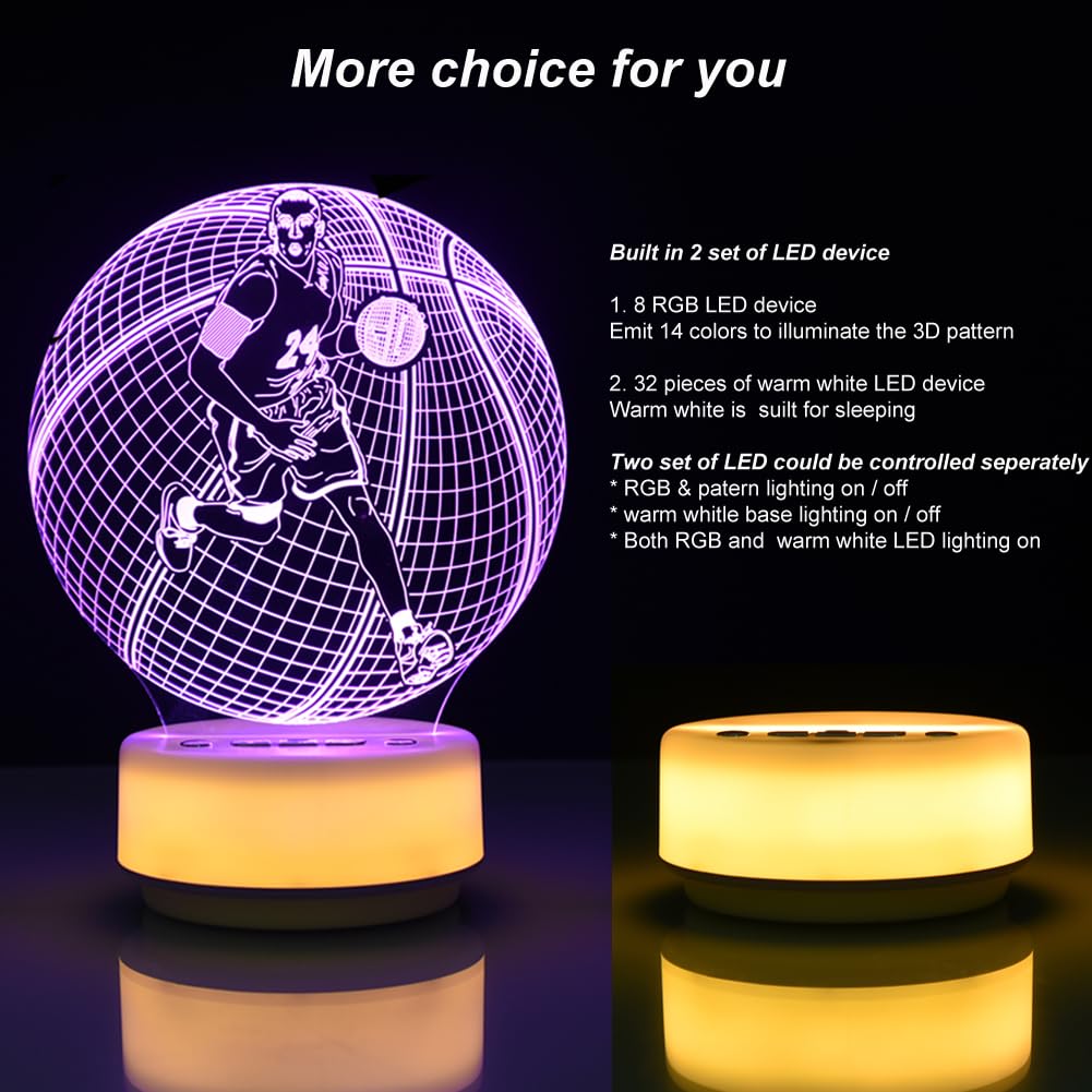 Basketball Night Light Sports Table Mood Lamp,14 Colors Pattern & Warm White Luminous Base Desk Light, Entity Key/Timer/Remote C