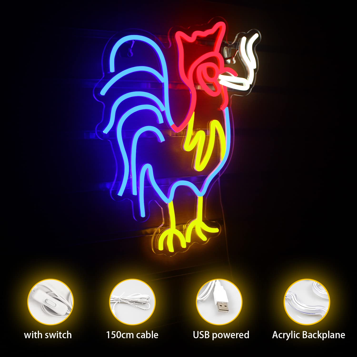 Ineonlife Neon Rooster Sign - Red Blue Led Wall Decor, Acrylic, Model Ns156, Colorful-B-Rooster, Unique Birthday Party Gift