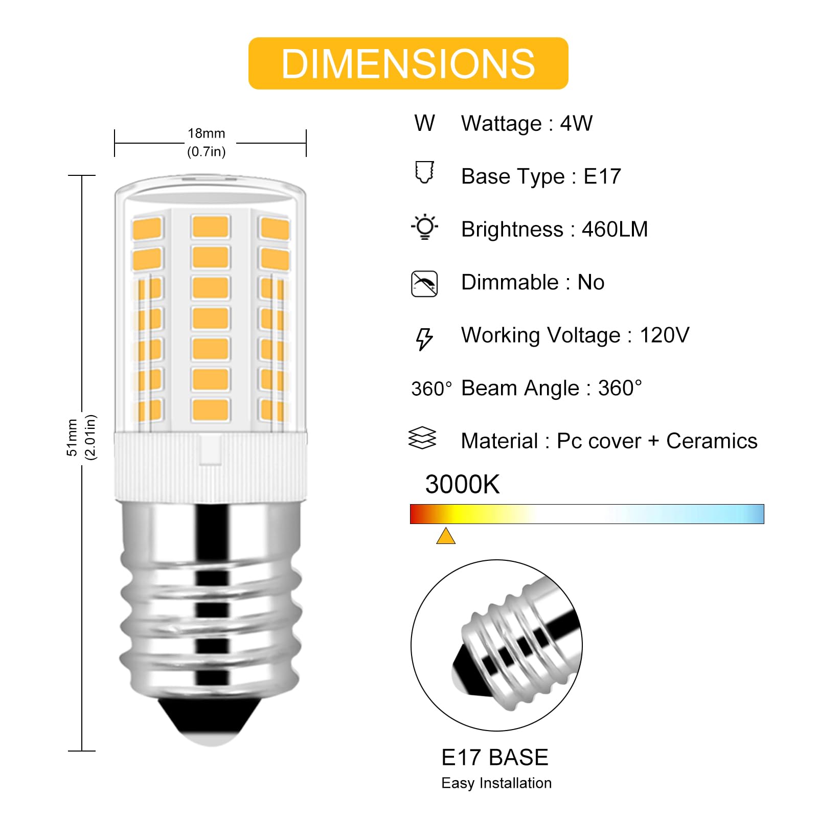 Lflampon Microwave Light Bulbs Under Hood 4W Equivalent To 40W Halogen Equivalent, E17 Led Bulb Dimmable For Microwave, Over Sto