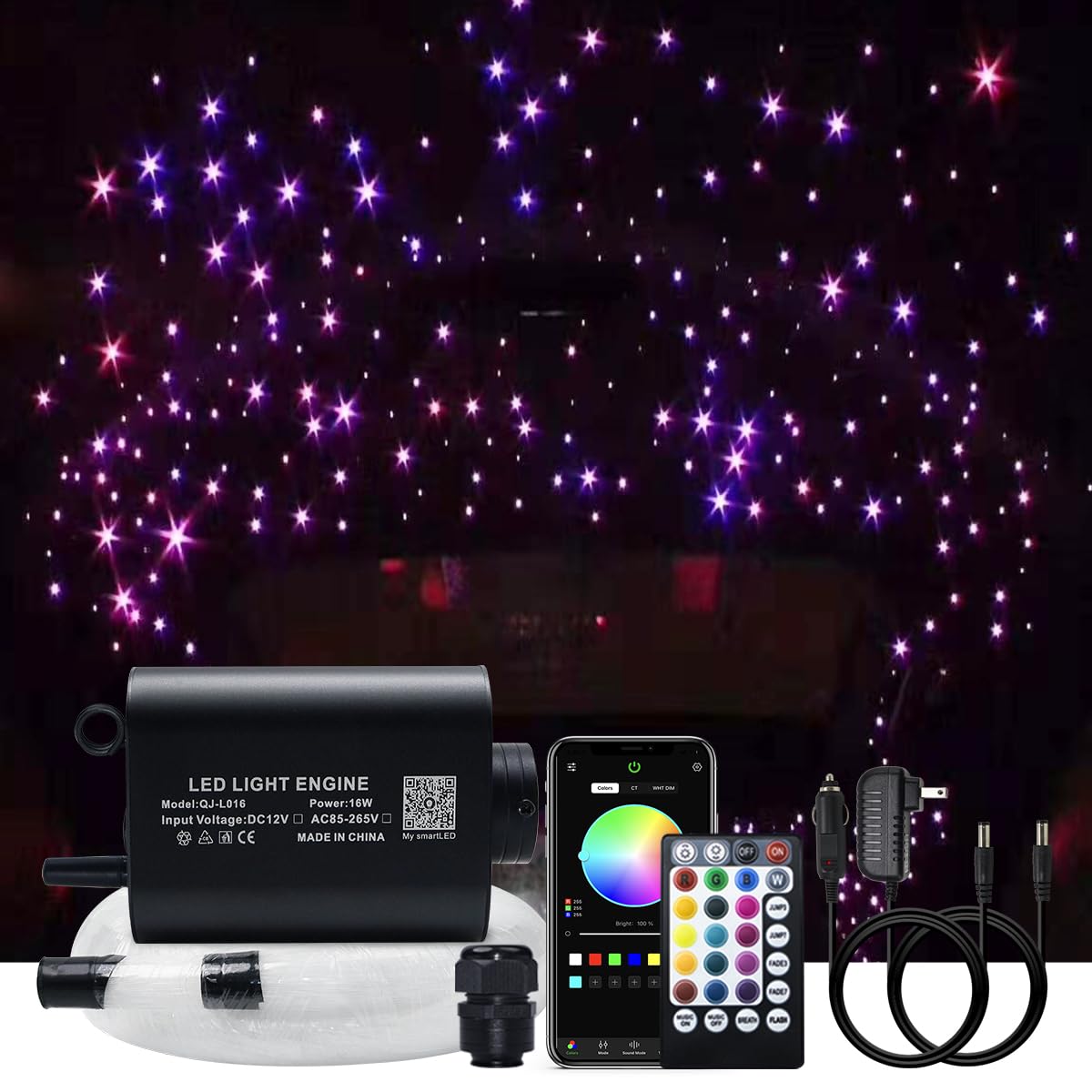 AKEPO Fiber Optic Star Ceiling Light Kit, RGBW Sound Sensor, 16W, 13.1ft, 335pcs Multicolor Fiber Optic Cable, APP & Music Control