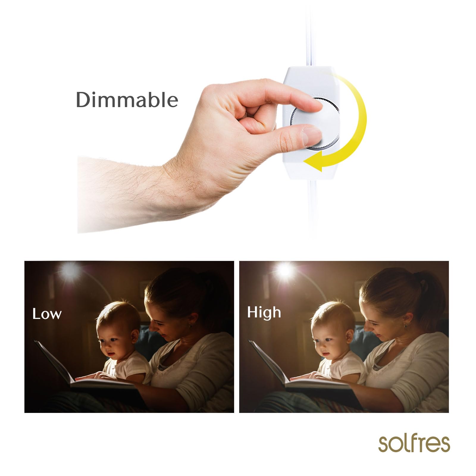 Solfres Innovative Design Headboard Reading Light. No Drilling Golden Book Light For Bedtime Reading. Dimmable Led Book Reading