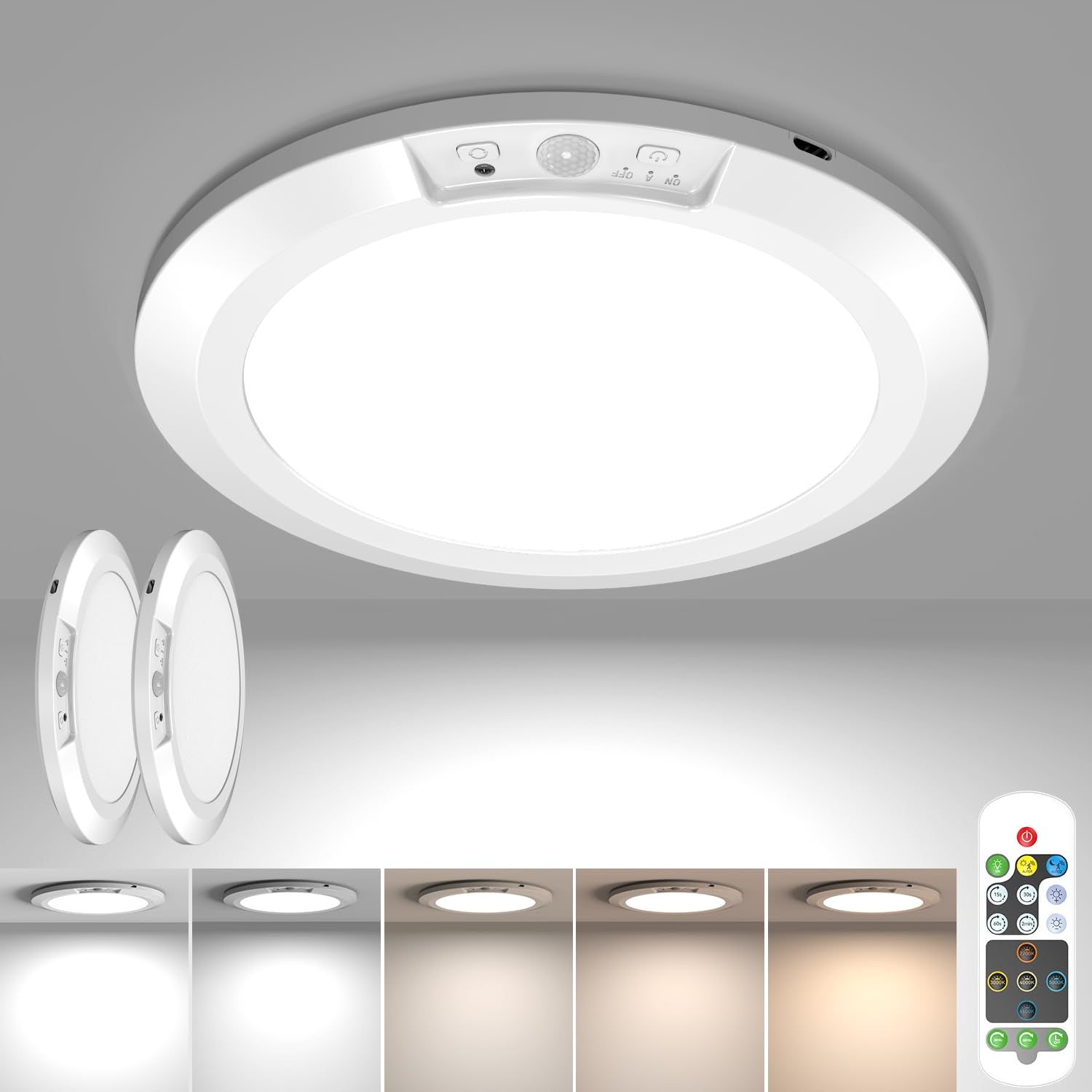 Awanber Battery Operated Motion Sensor Ceiling Light with Remote, USB Rechargeable Magnetic Closet Light 5 Color Temperatures Di