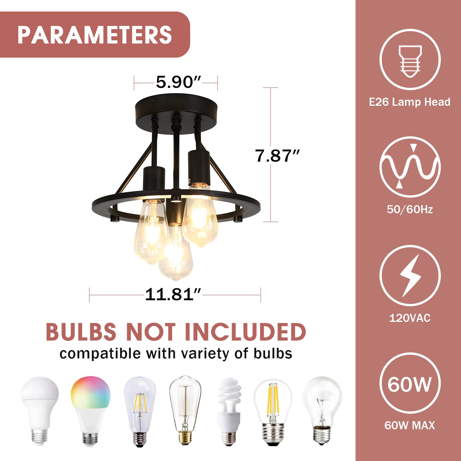 Qgiytp Semi Flush Mount Ceiling Light Fixture 3-Light Matte Black Ceiling Light E26 Edison Farmhouse Industrial Small Chandelier