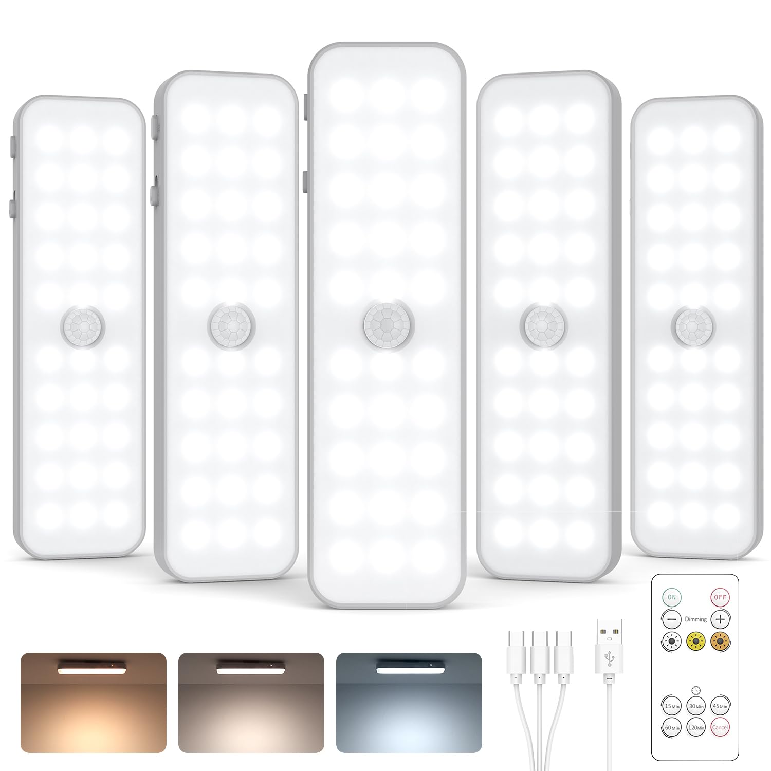 GOODEA 5 Pack Under Cabinet Lighting Wireless, Small 6 Led Rechargeable Motion Sensor Light Indoor, 3CCT Dimmable Closet Light