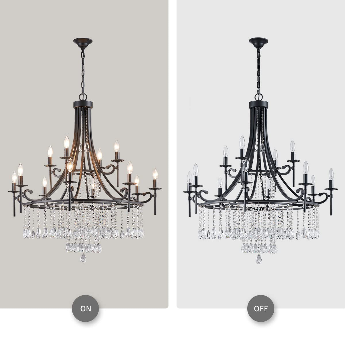 WUZUPS 12-Light Candle Chandelier Pendant Light, Black Metal Modern Fixture for Bedroom, Hallway, Kitchen, Living Room