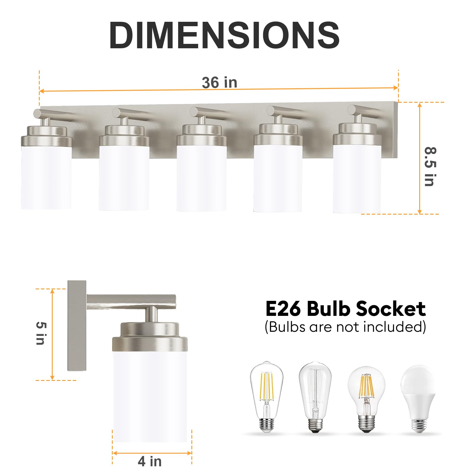 Izorro Bathroom Vanity Light Fixture  5-Light 36 Inch Brushed Nickel Bathroom Light Fixtures Over Mirror  With White Glass Shade  Modern Farmhouse Vanity Lights  Rustic Restroom Lighting Fixtures