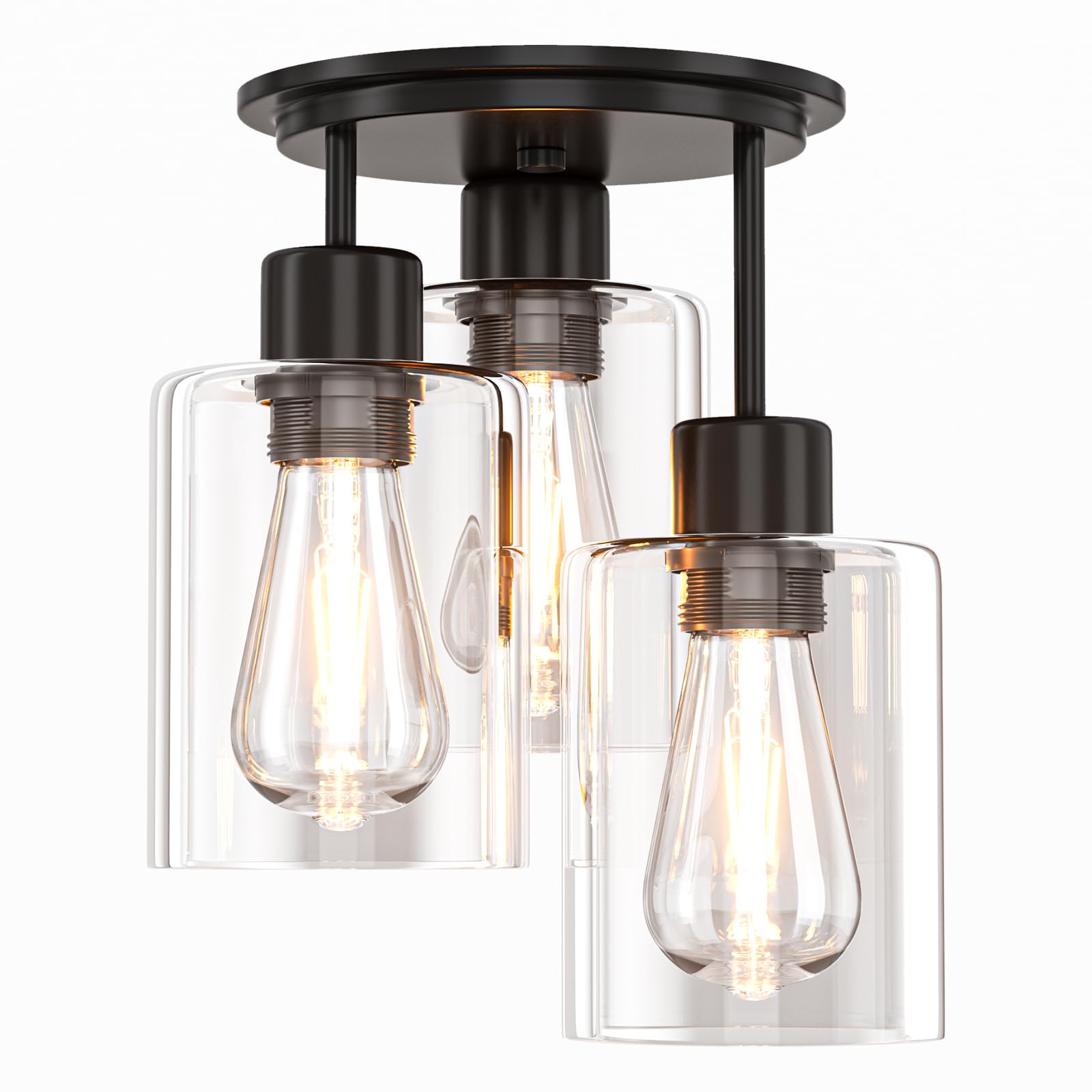 Semi Flush Mount Ceiling Light, 3-Light Ceiling Light Fixture Clear Glass Shades Black Kitchen Light Fixtures Close to Ceiling L
