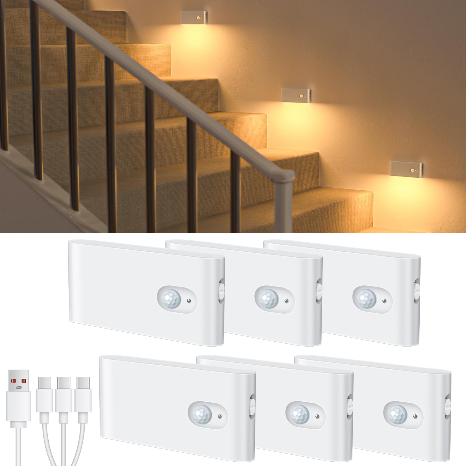 WILLED Motion Sensor Night Light, Rechargeable Stair Lights Indoor, Warm White Motion Sensor Light Indoor, Battery Operated Nigh