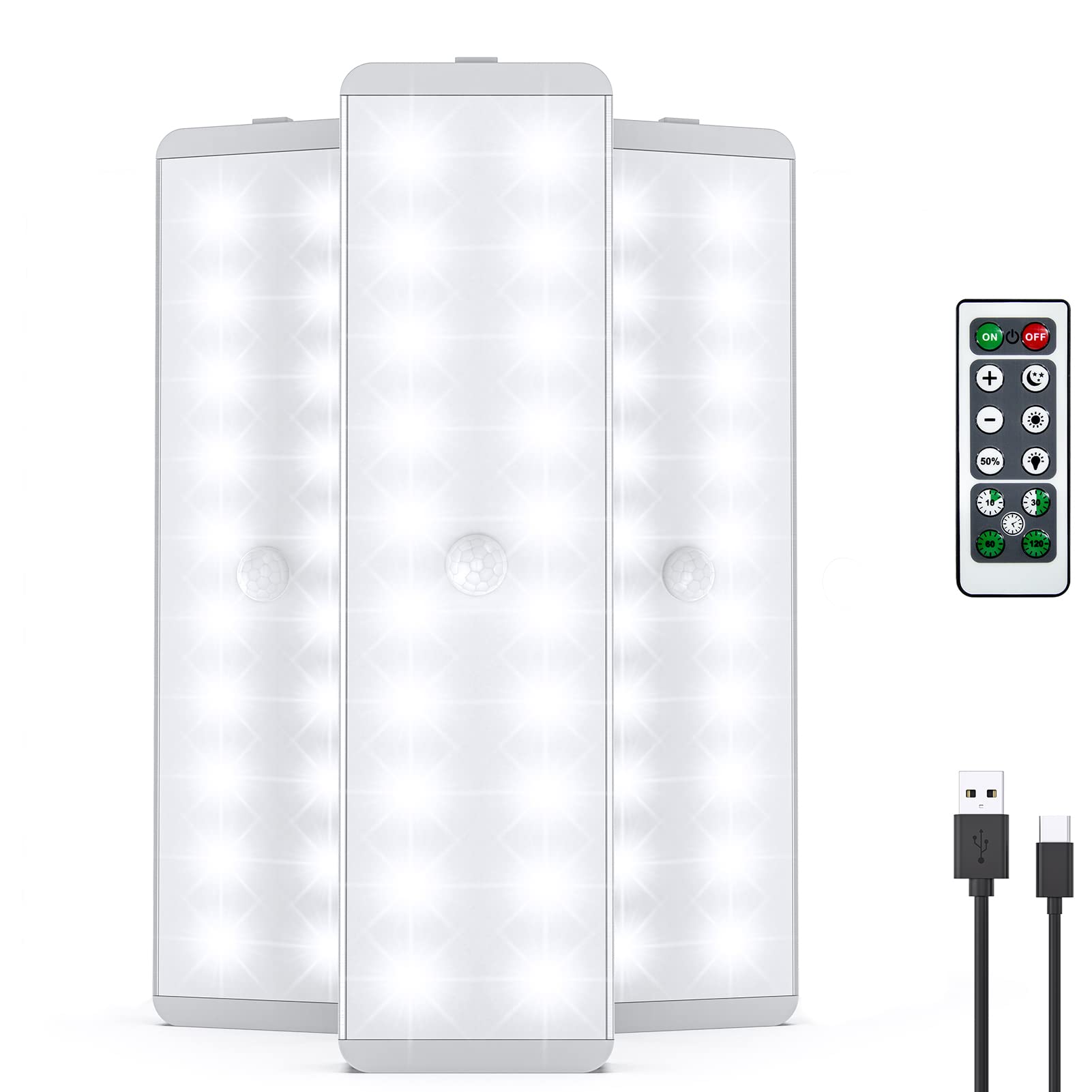 Led Closet Light, 20Leds Dimmer Usb Rechargeable Motion Sensor Light Under Cabinet Lighting With Remote Control, Wireless Stick-