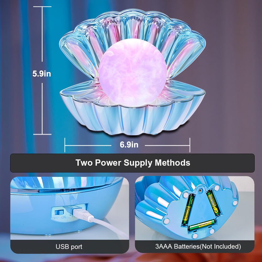 Lkua Shell Pearl Beach Themed Night Light, Rgb 8 Colors Changing Mood Shell Pearl Lamps, Bedside Led Clamshell Portable Night Li