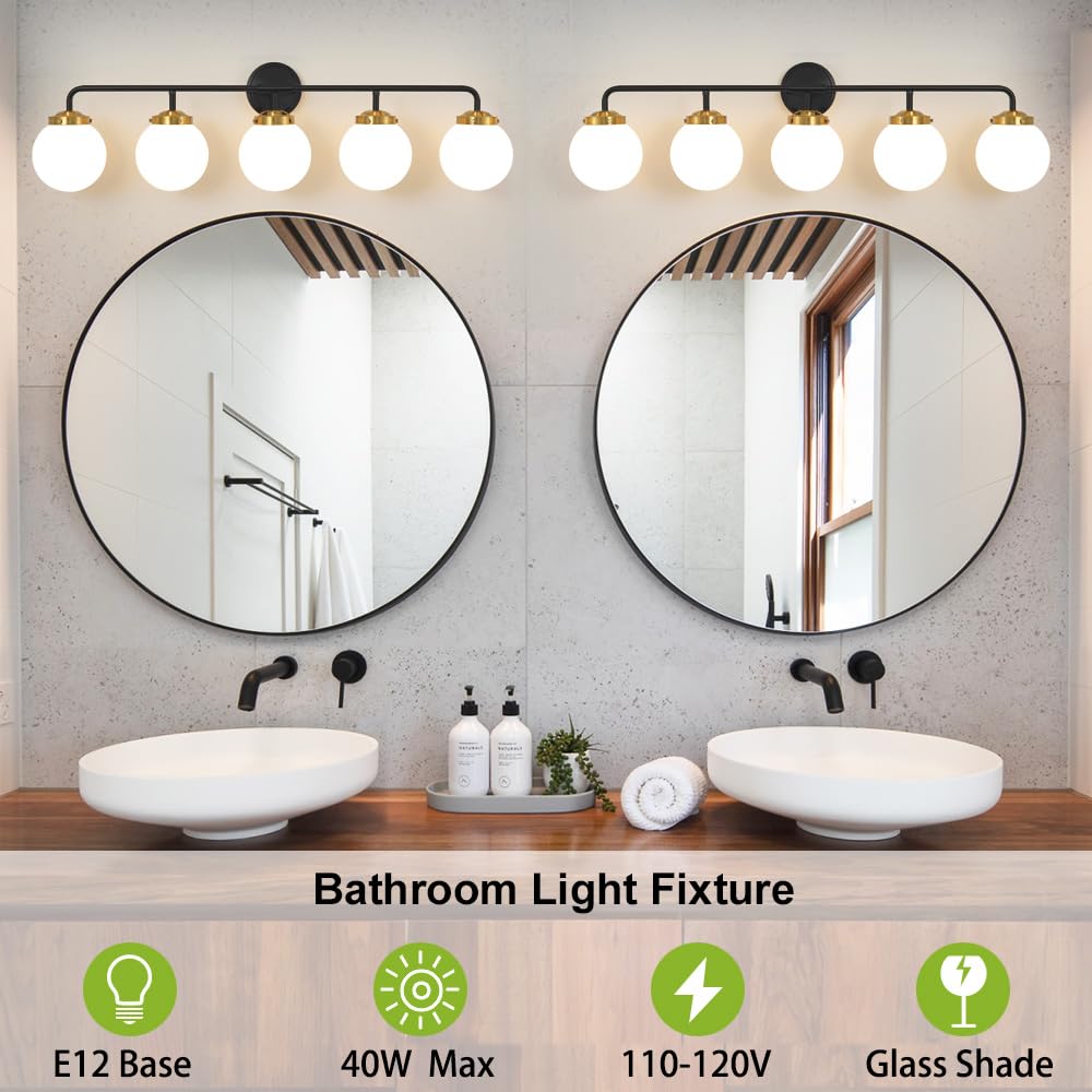 Deyidn Black Gold Bathroom Light Fixtures Over Mirror, Modern Vanity Lighting With Milk White Glass Globe Shades 5-Light Farmhou