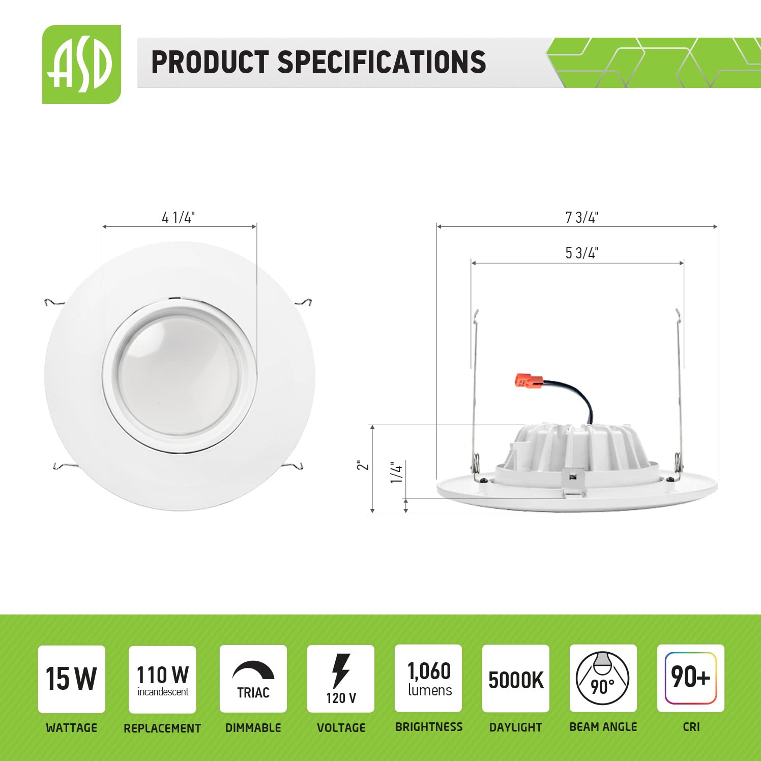 Asd 6 Gimbal Led Recessed Can Retrofit Light 5000K Daylight 15W (110 Watt Replacement) 1100Lm Dimmable Sloped Downlight, Wet Rat