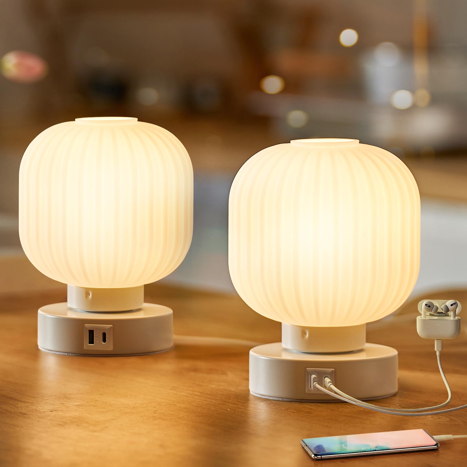 Elenhome Touch Bedside Glass Table Lamp Set Of 2 With 3 Way Dimmable Light, Small Table Lamps With Usb C+A Charging Ports - Bedroom Nightstand & Living Room Essential, Bulb Included