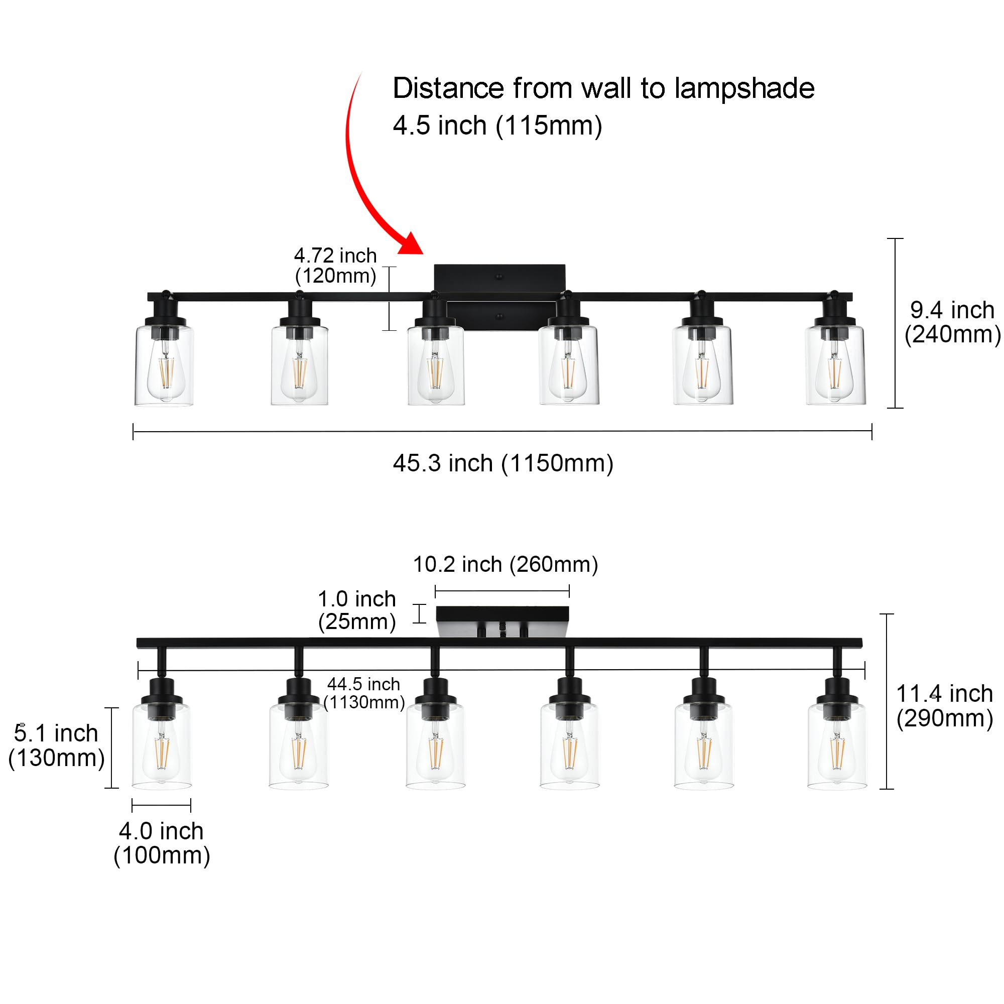MELUCEE 6-Light Ceiling Track Lighting Kit, Black Metal Fixtures with Rotatable Heads and Clear Glass Shades, Model MTLK060BKCL