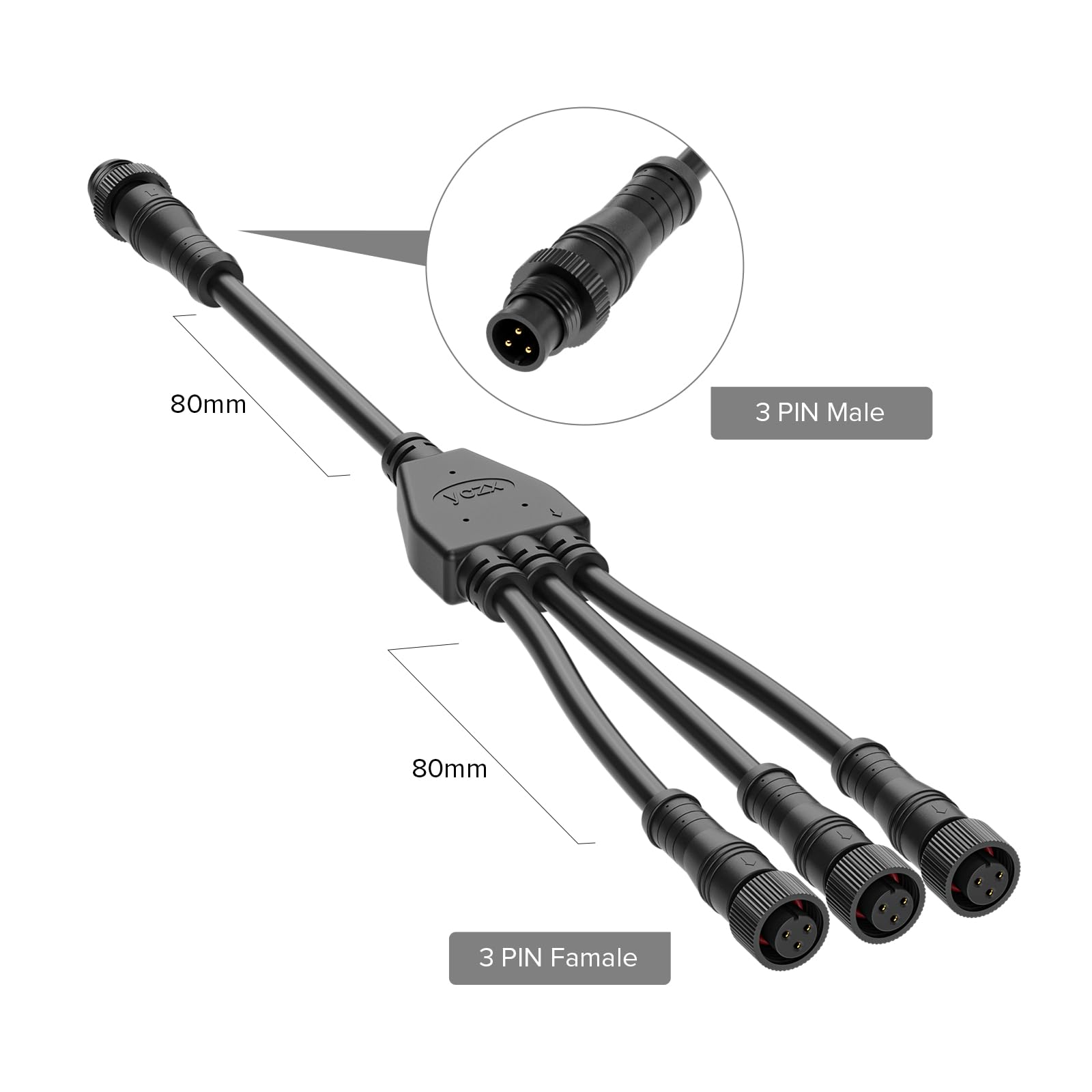 BTF-LIGHTING 3 Pin Small Size IP68 Y Shape Connector - 1 Male to 3 Female, Black Plastic, 18AWG, Model WP3PINBS-IP68-1