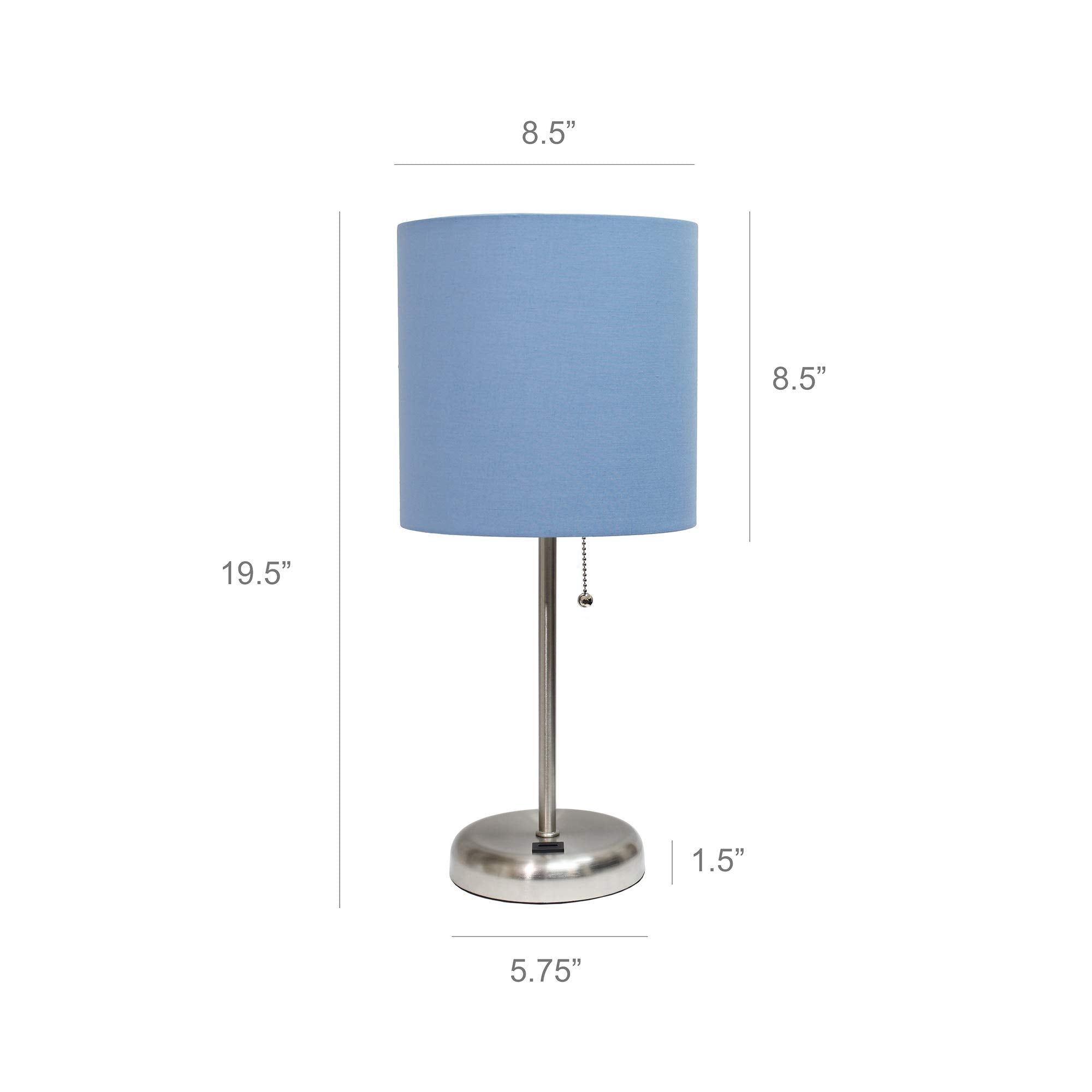 Simple Designs Lt2044-Blu Brushed Steel Stick Table Desk Lamp With Usb Charging Port And Drum Fabric Shade, Blue Shade