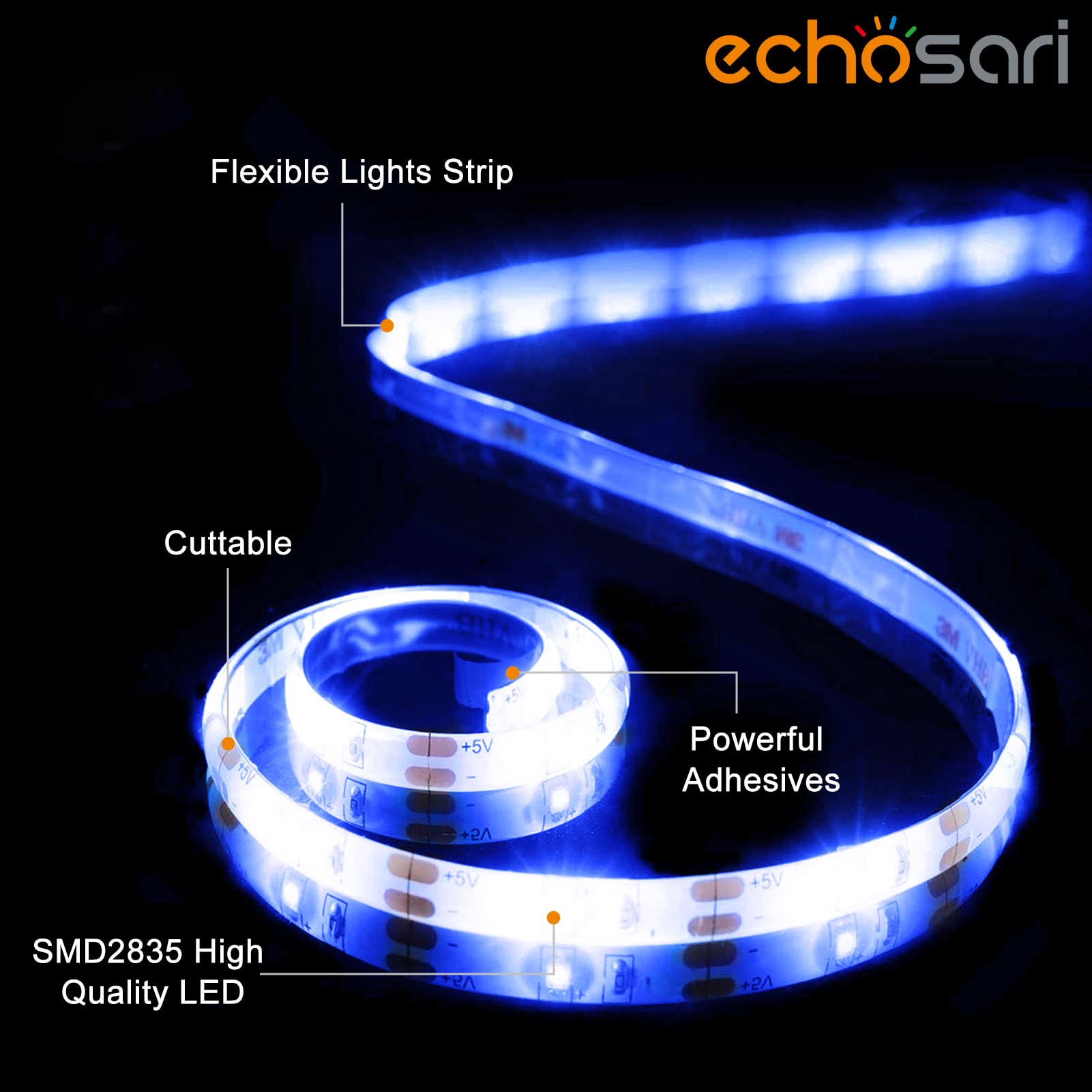echosari Blue LED Strip Lights, Waterproof, Battery Operated, 8 Modes, Dimmable, 90 LEDs, Self-Adhesive, Indoor/Outdoor Decor