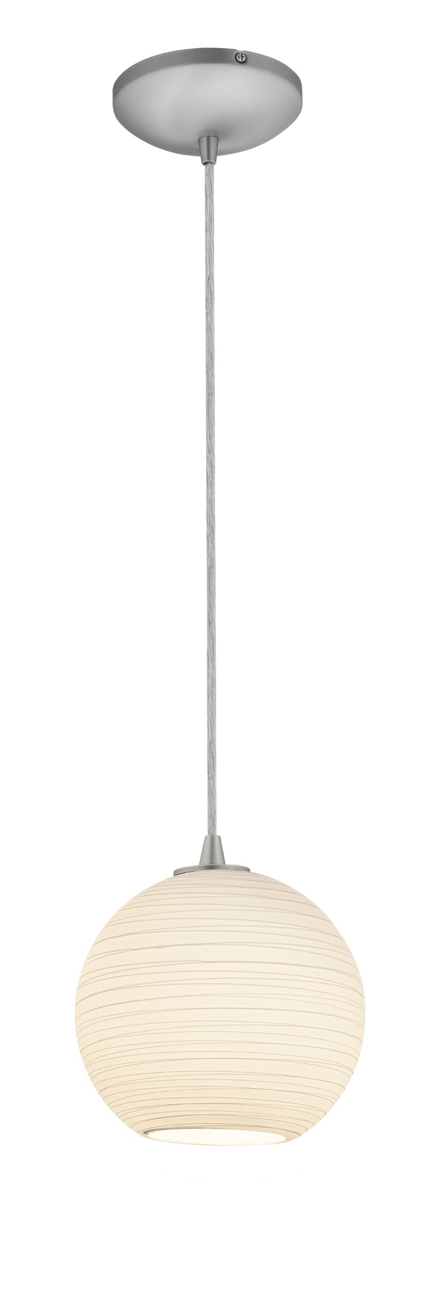 Japanese Lantern Glass Pendant - 1-Light 8&quot;dia Pendant - Cord - Brushed Steel Finish - White Lined Glass Shade