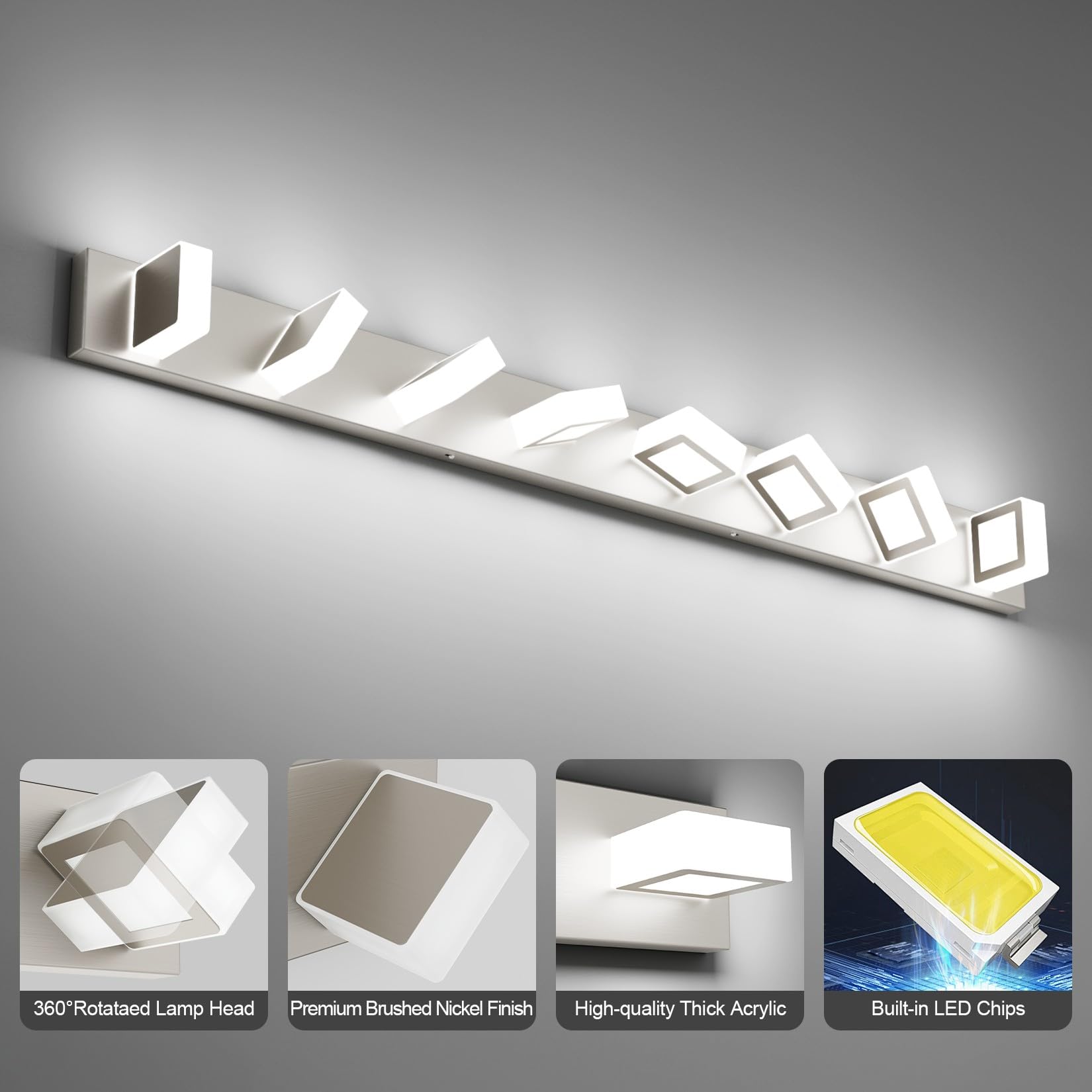 Ralbay 8-Light Brushed Nickel Bathroom Vanity Lights, Metal & Acrylic, 52 Inch, Modern Wall Lighting Fixtures Over Mirror