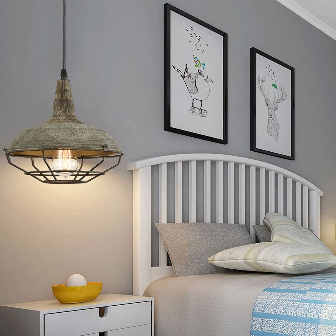 HOLKIRT Vintage Metal Cage Pendant Light Fixture - Stained Finish, 1-Light, Ideal for Barn or Rustic Decor