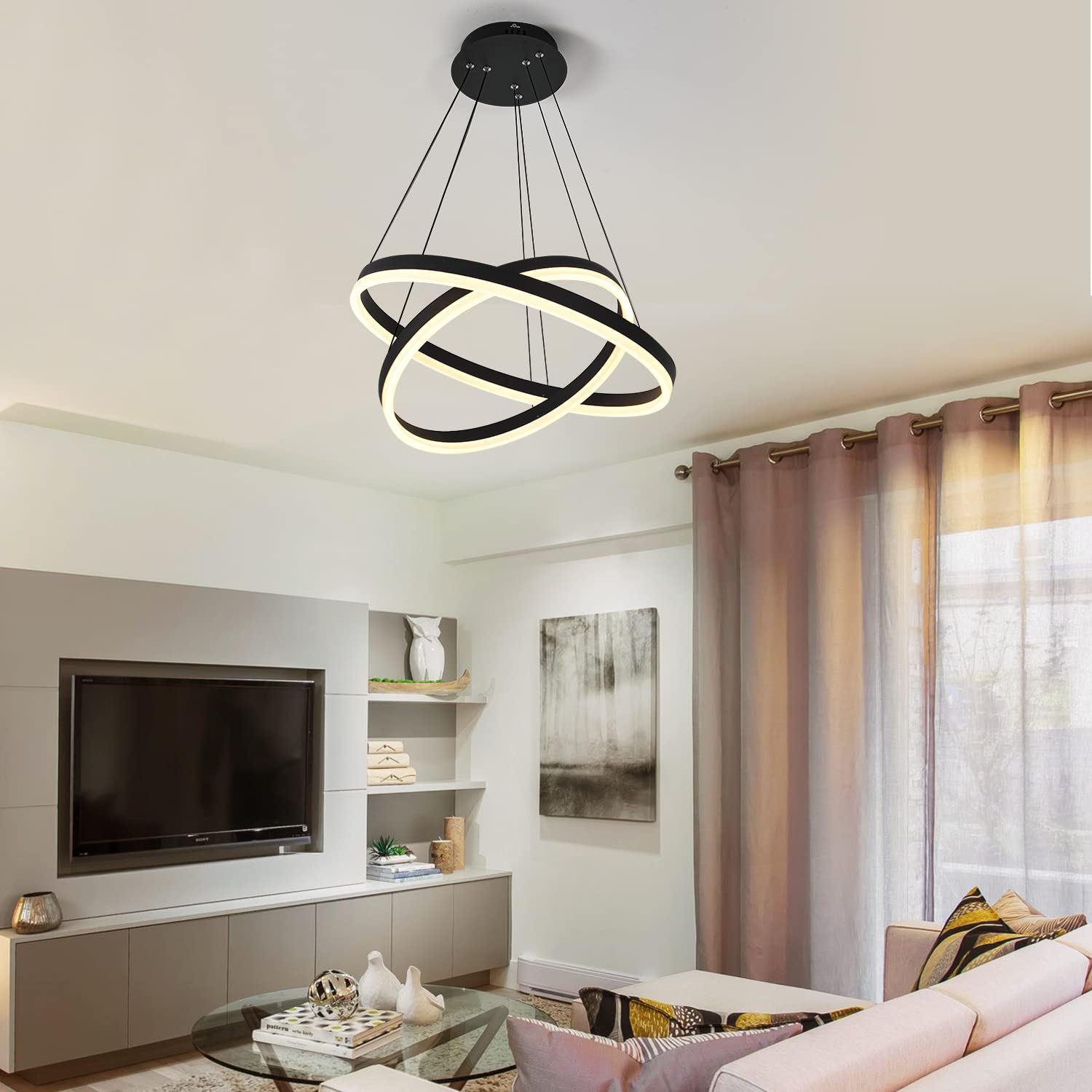 Xgzl · Lighting 2-Rings Modern Led Chandelier Black For Dining Room, Dimmable Pendant Lighting With Remote Control Circular Flush Mount High Ceiling Light For Bedroom Living Room Foyer, 3000K-6500K