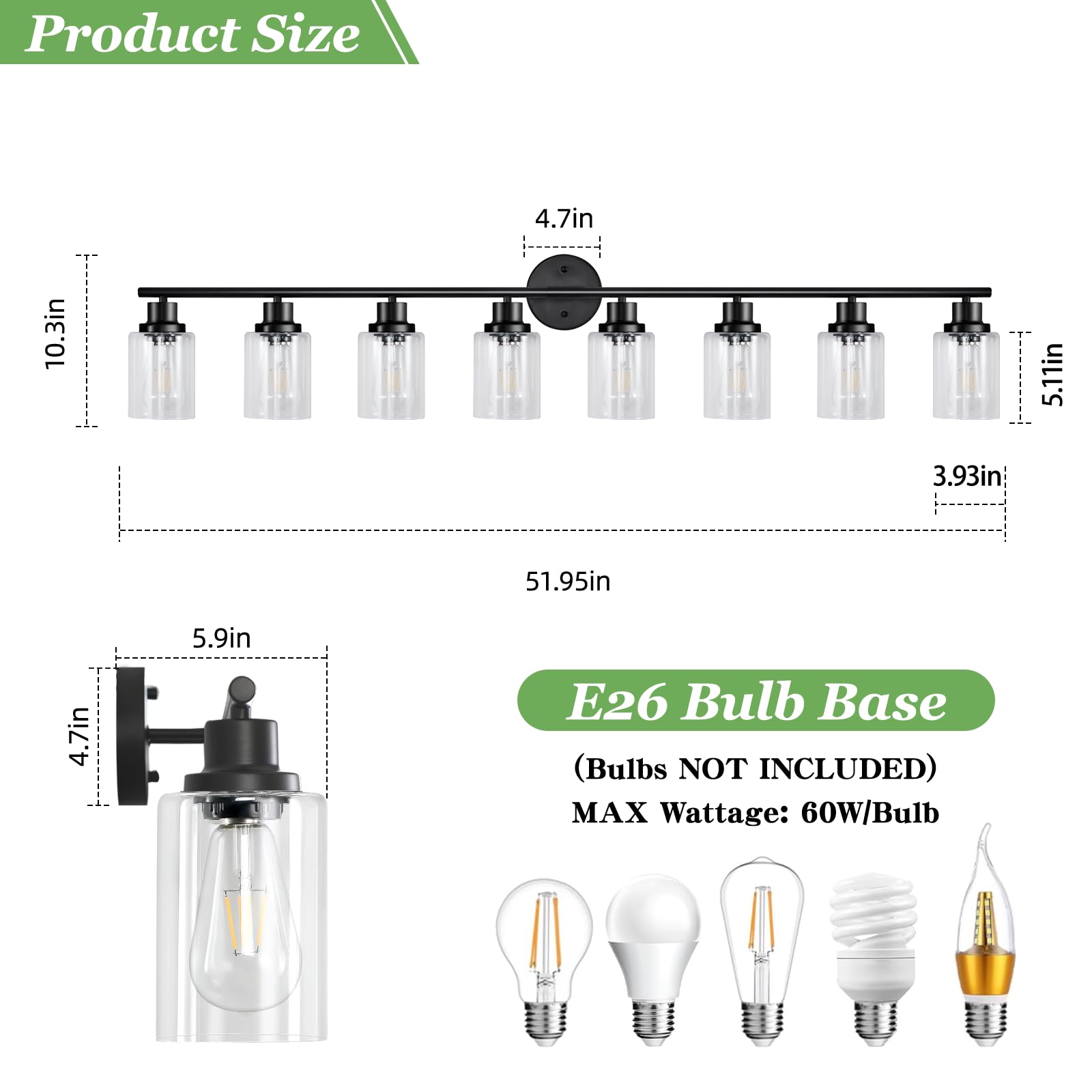 Guliaofo 8-Light Bathroom Vanity Light Fixture, Matte Black, Clear Glass Shade, Modern Design