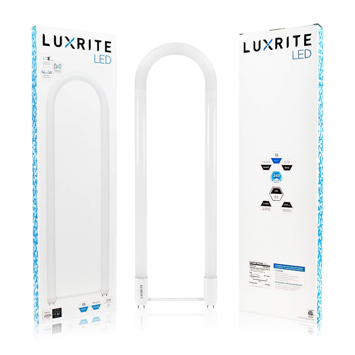 Luxrite U Bend Led Tube Light, T8 T12, 18W (32W Equivalent), 3000K Soft White, 2000 Lumens, Fluorescent Light Tube Replacement, Direct Or Ballast Bypass, Dlc And Etl Listed, G13 Base (4 Pack)