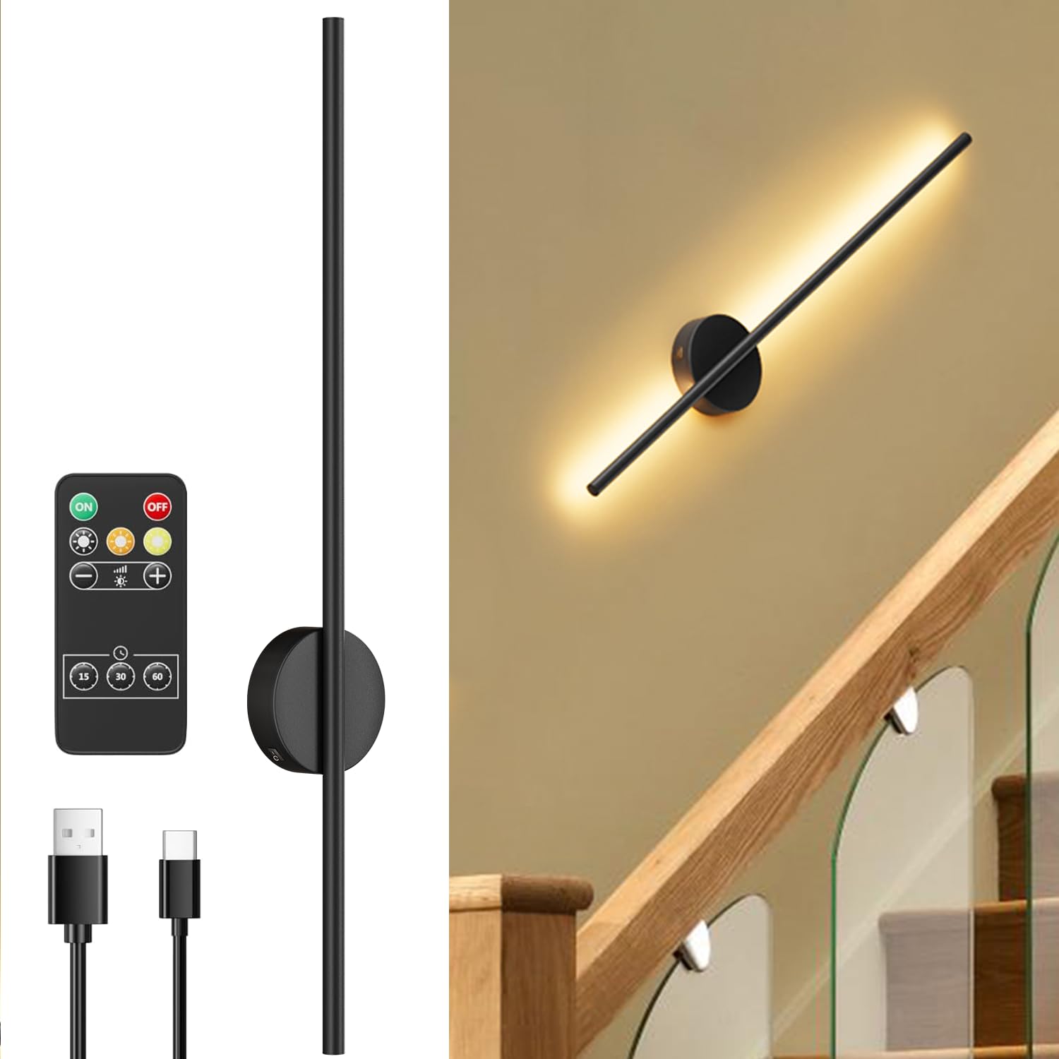 Aipsun Battery Operated Black Wall Sconce, USB Rechargeable, Dimmable LED, 31.5 inch, 360° Rotation, Indoor Lighting