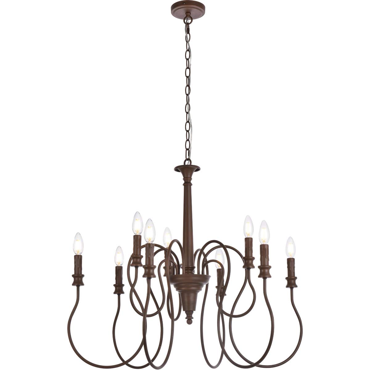 Elegant Lighting Living District Flynx 9-Light Mid-Century Metal Pendant in Weathered Oak