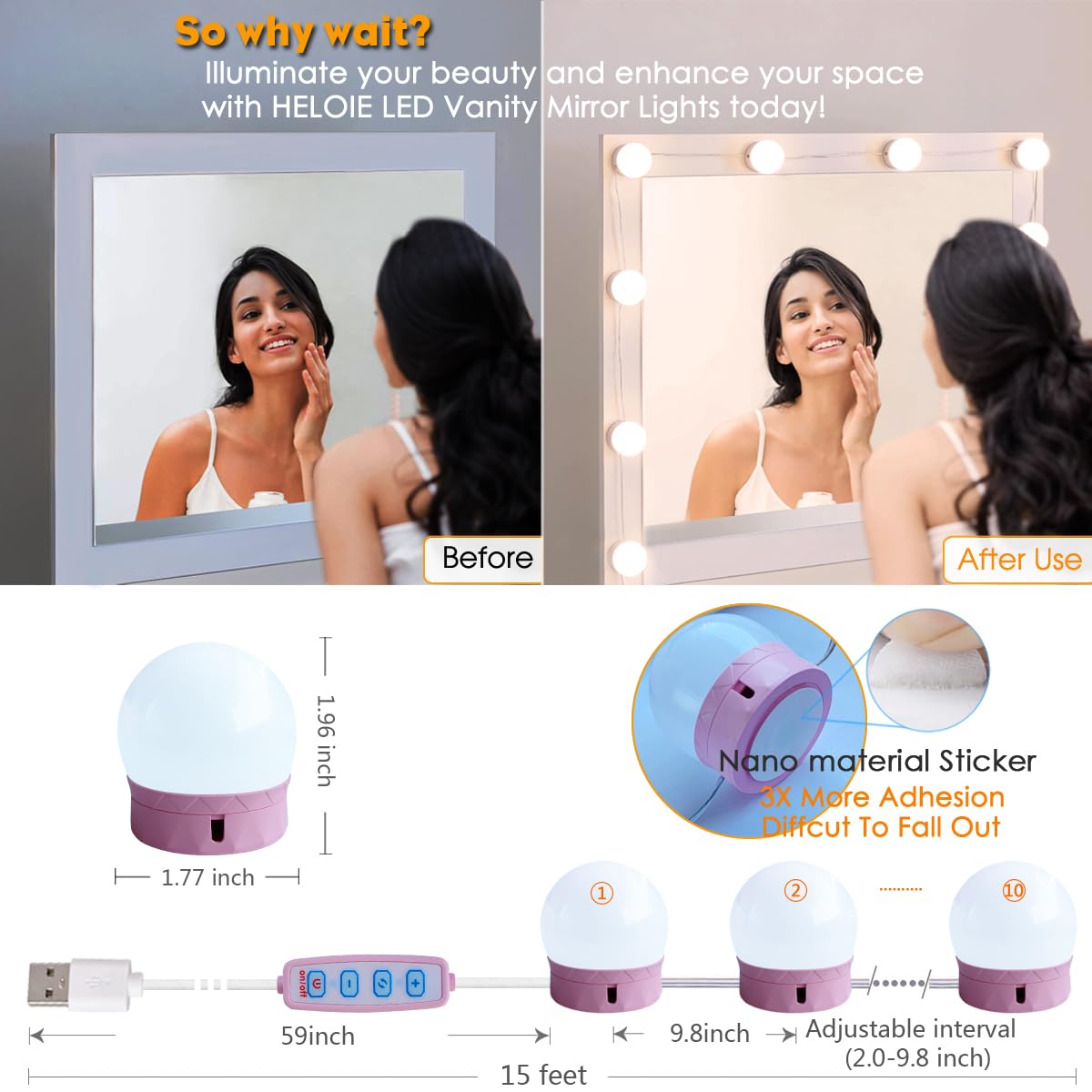 HELOIE Led Vanity Mirror Lights, 10 Dimmable Bulbs, Adjustable Color & Brightness, Pink, Model vl-10p