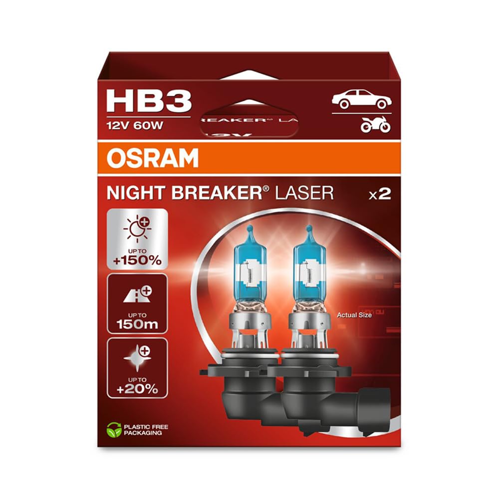 Osram Night Breaker Laser Hb3, +150% More Brightness, Halogen Headlight Bulb, 9005Nl-2Hb, 12 V Car, Hanging Box (2 Lamps), White