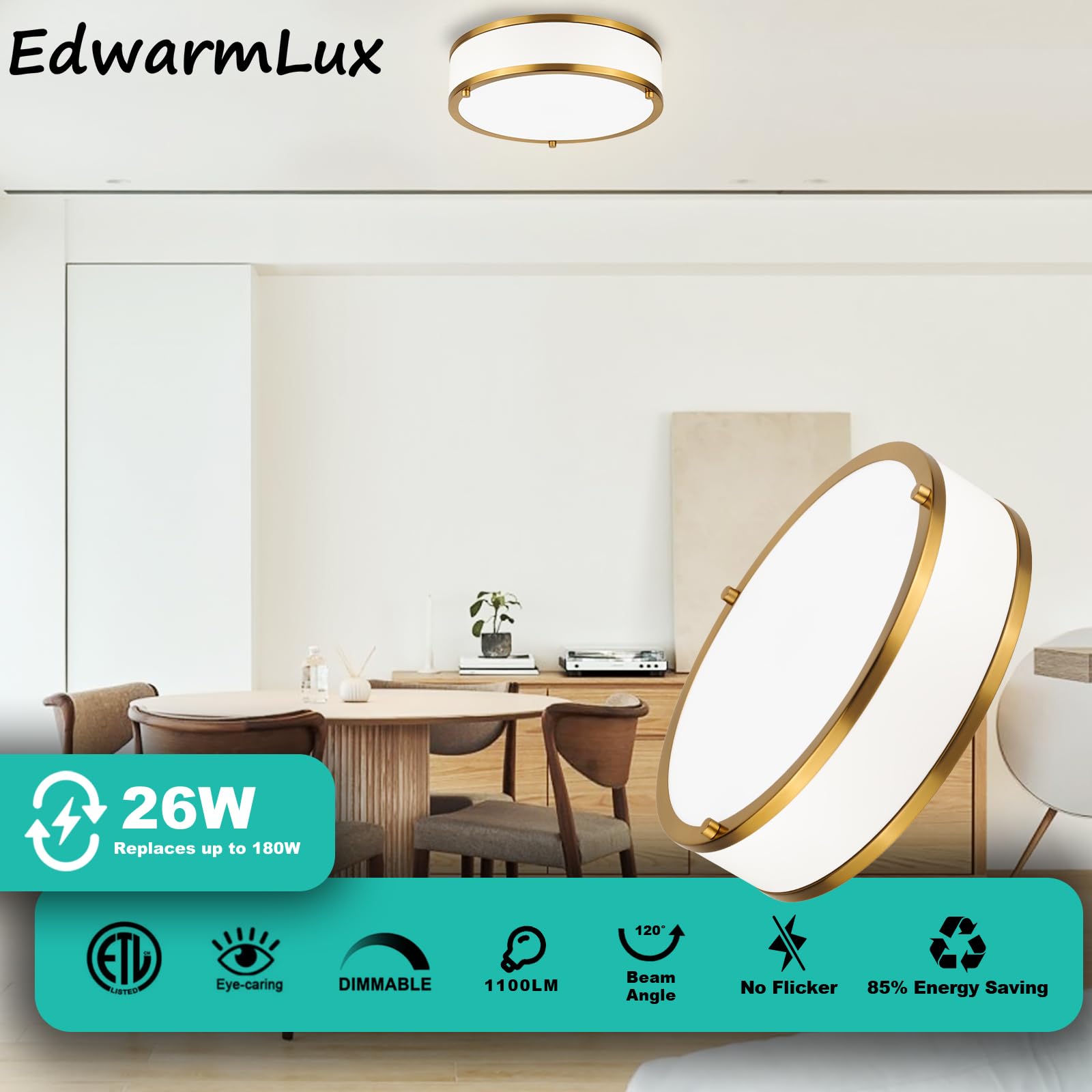 Edwarmlux 12.5 Inch Led Flush Mount Ceiling Light Fixture, 26W, Modern Ceiling Light, 3 Color Adjustable 3000K/4000K/5000K, Dimm