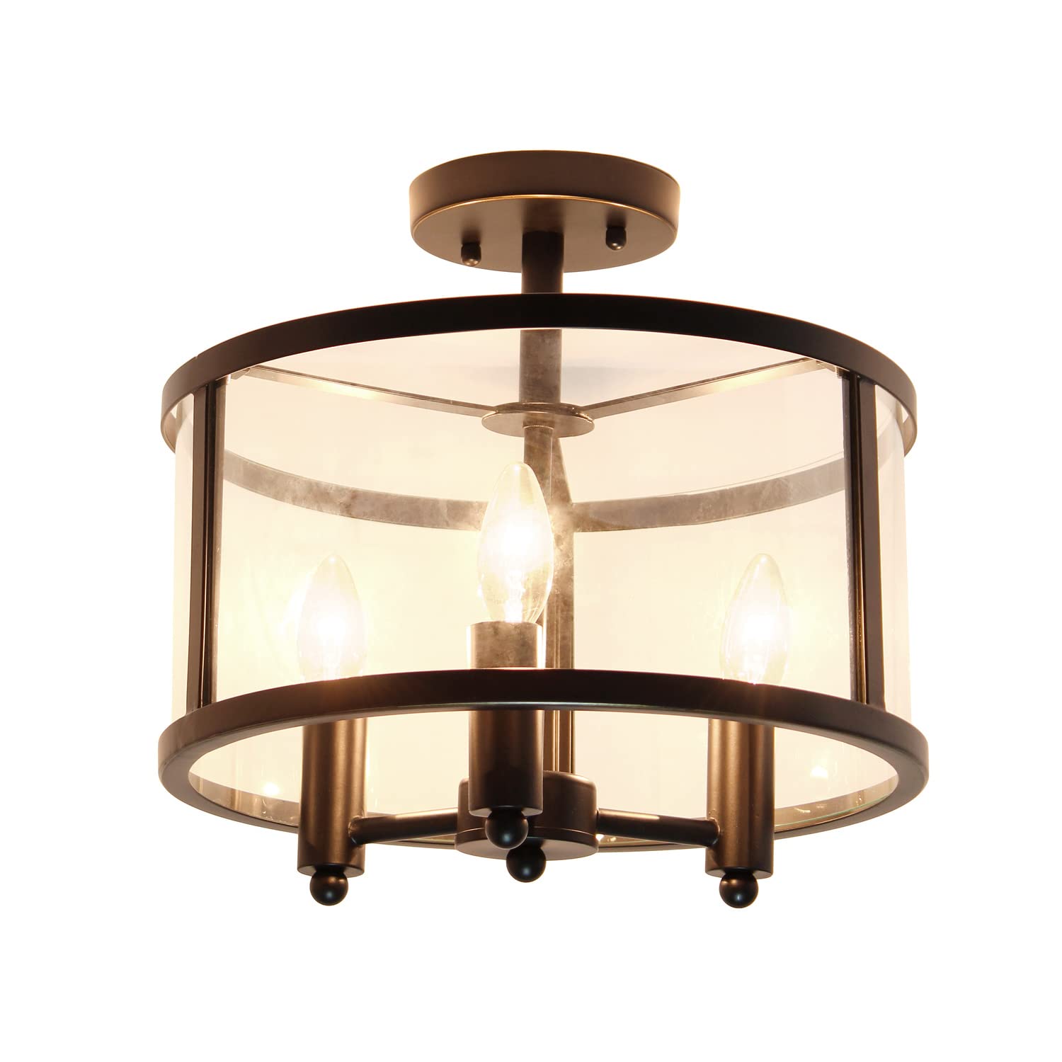 Elegant Designs FM1005-BLK Medium 13 Iron and Glass Shade Traditional Farmhouse Industrial 3-Light Ceiling Mounted Round Semi-fl