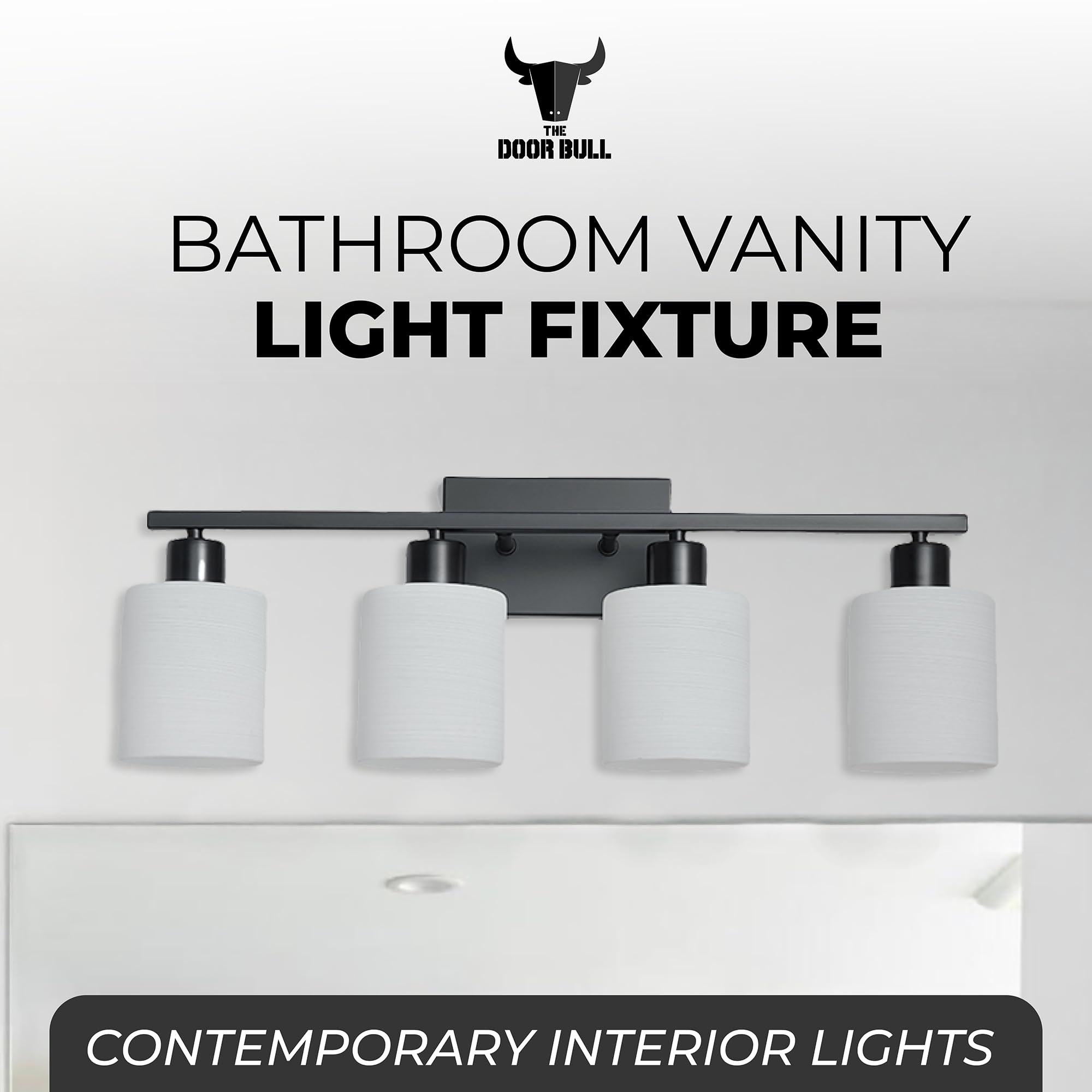 The Door Bull Modern Bathroom Vanity Light, Matte Black, 4 Lights, Milky White Glass, E26 Socket, Wall Sconce for Bedroom & Living Room
