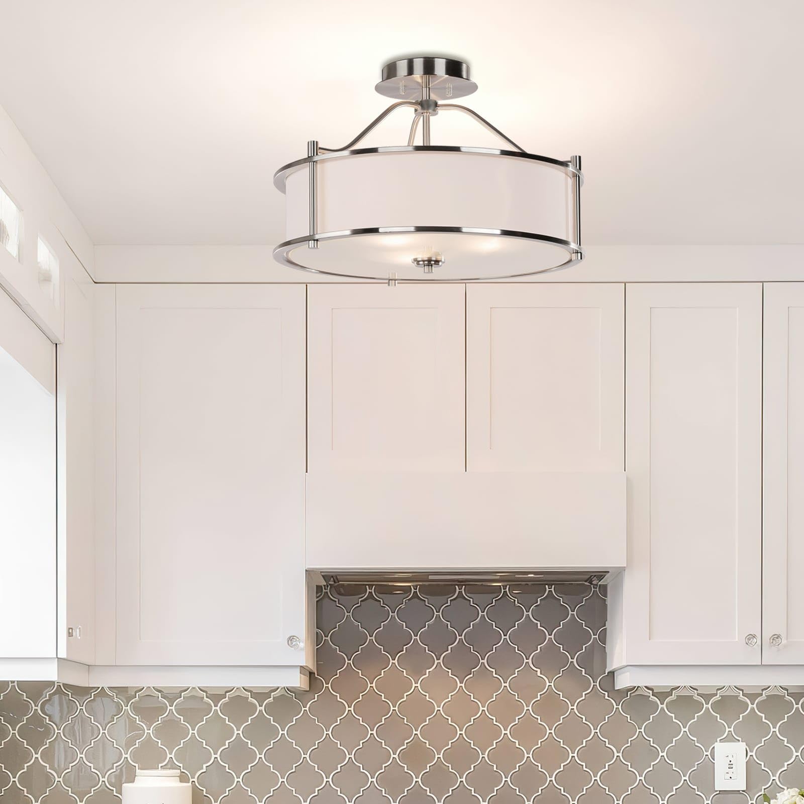 Xinbei Lighting Semi Flush Mount Ceiling Light 18 Inch 3 Light Close To Ceiling Light With Fabric Shade And Glass Diffuser, Brus