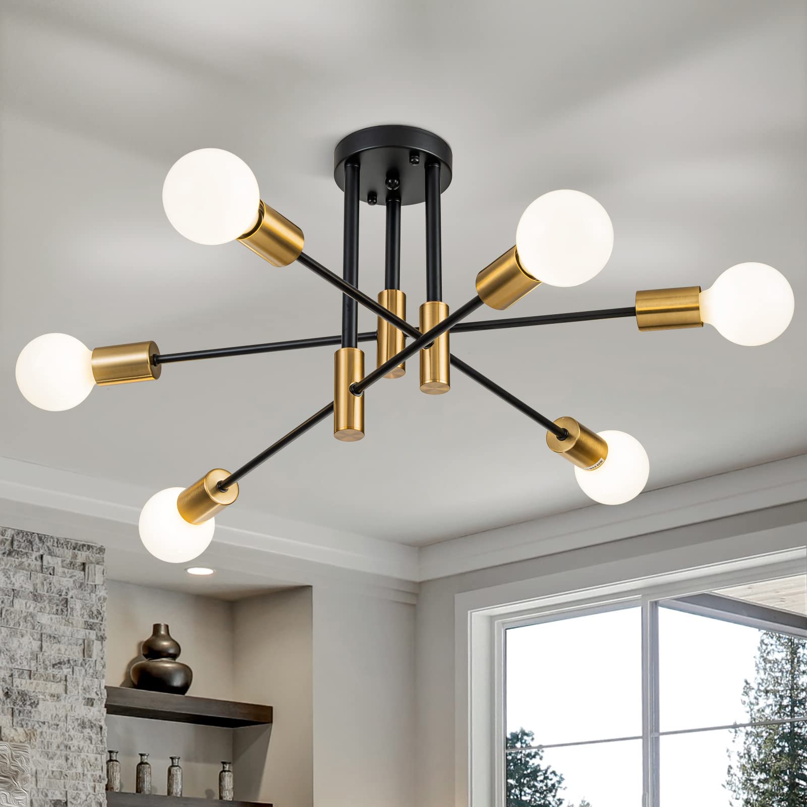 Brknit 6-Light Modern Sputnik Chandelier, Black Gold Semi Flush Mount Ceiling Light Fixture