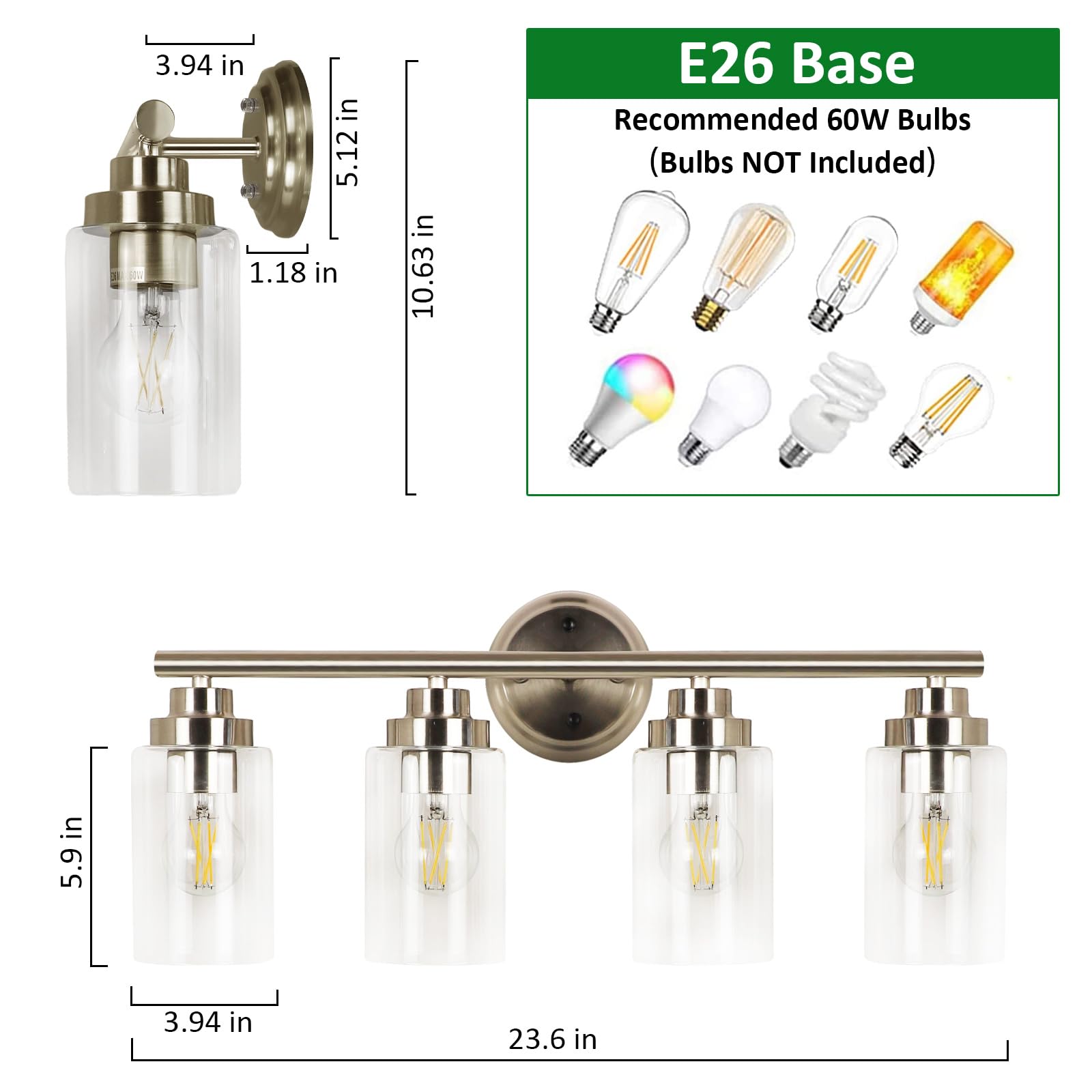 DLLT 4-Light Bathroom Wall Sconces, Silver Glass Shade Vanity Lighting, Model DINGLILIGHTING