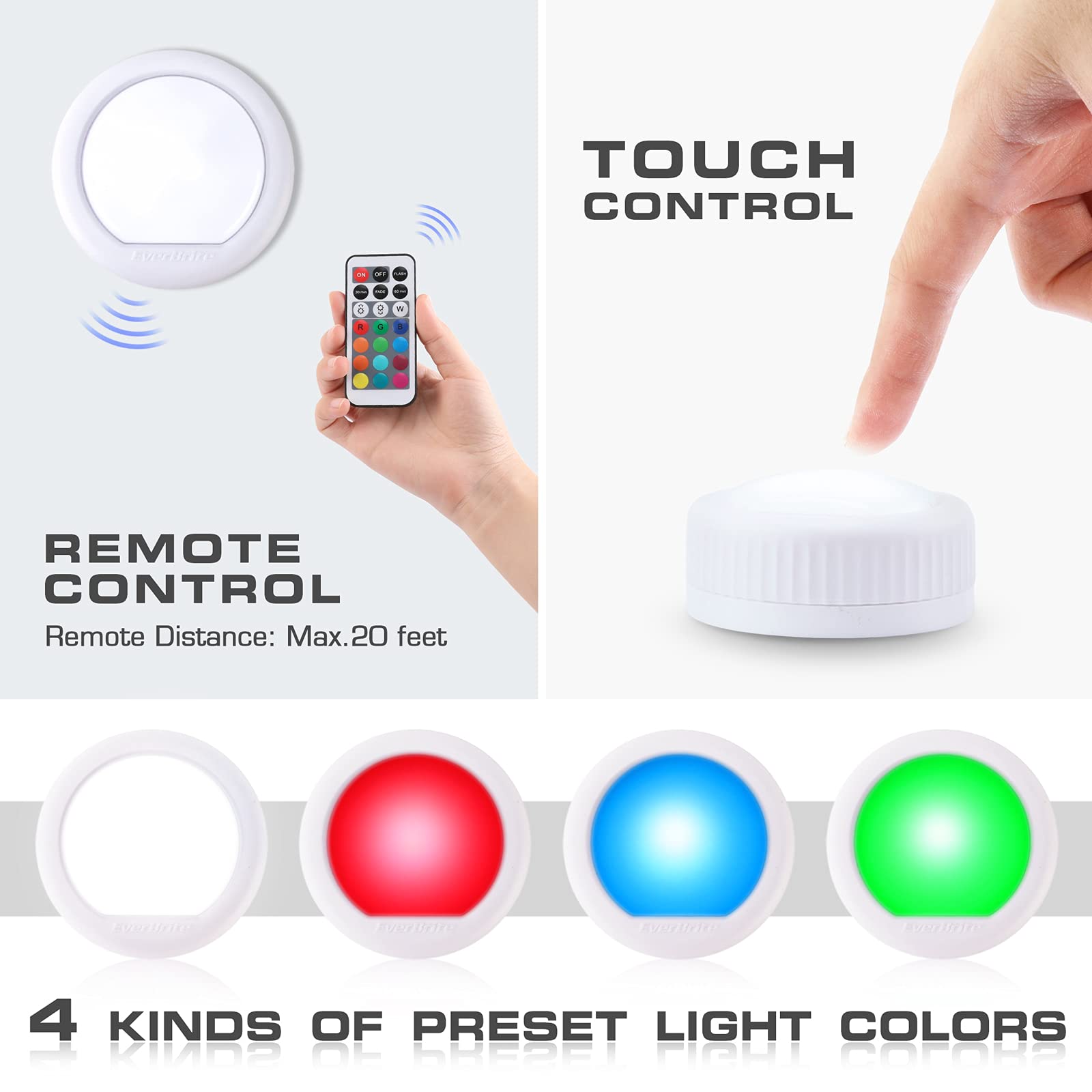 EverBrite LED Puck Lights, 12 RGB Colors, Wireless Touch Light, 80 Lumens, Includes 18 AAA Batteries, 6-Pack