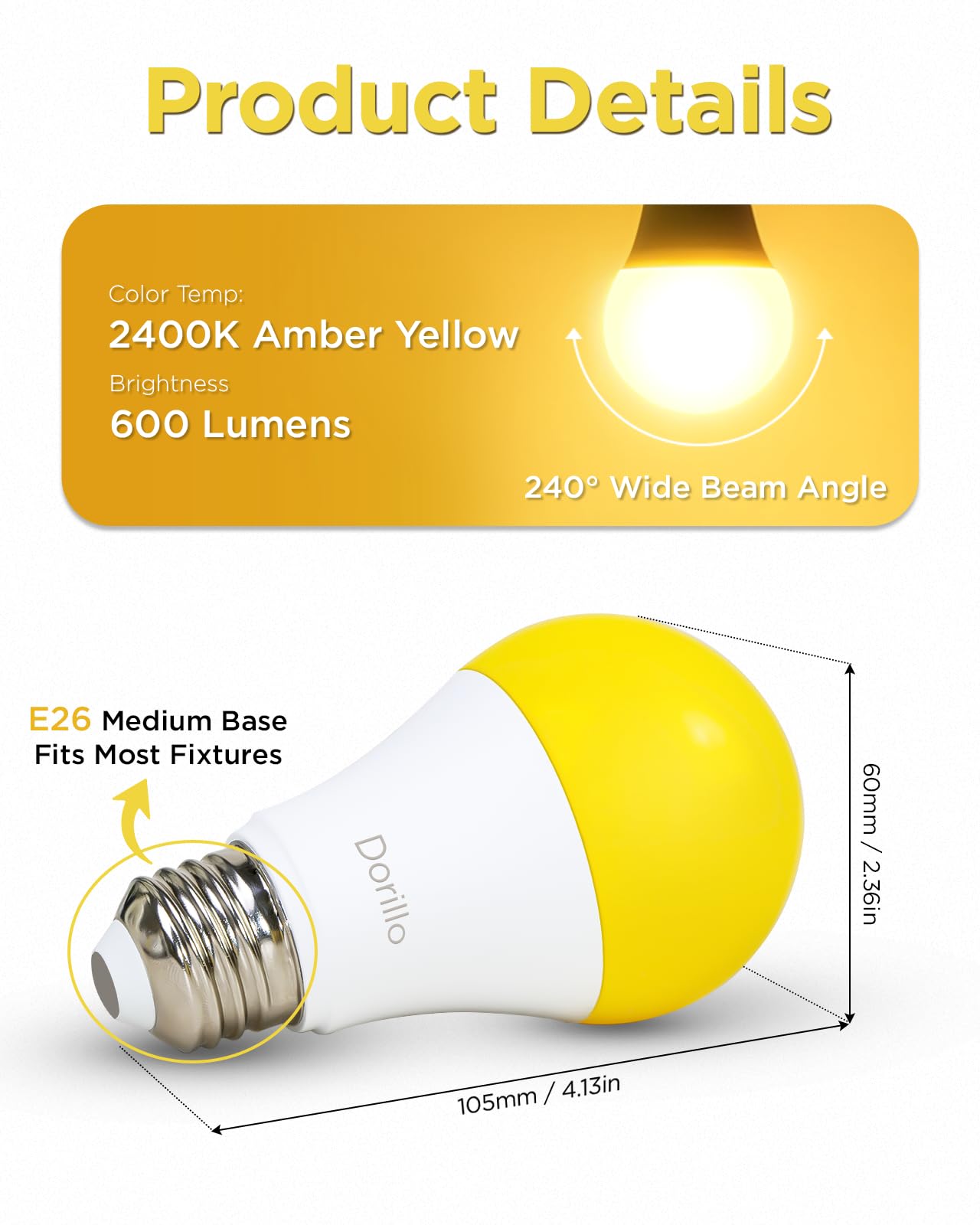 Dorillo A19 LED Yellow Bug Light Bulbs, 8.5W, 60W Equivalent, 2400K Amber Glow, E26 Base, 4-Pack