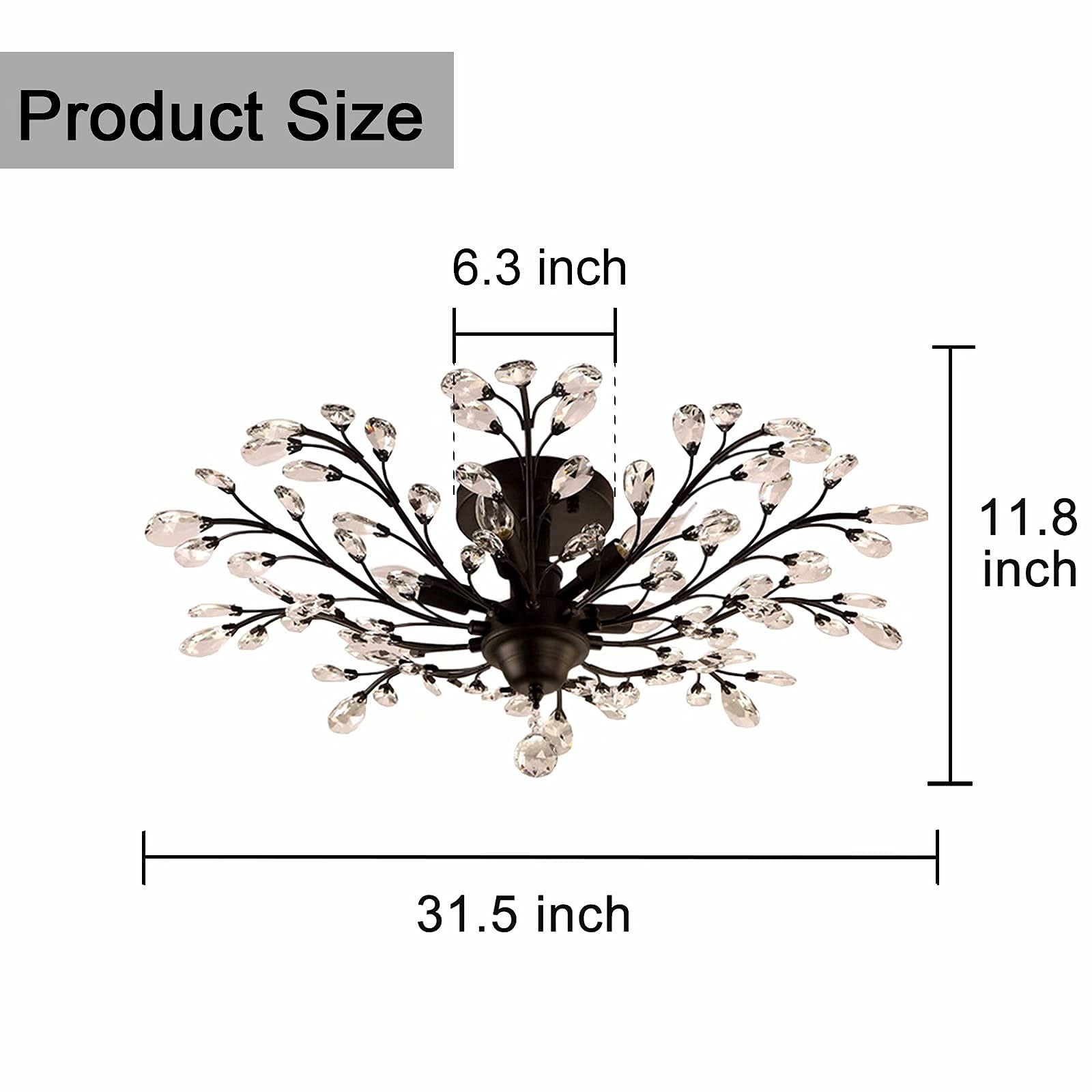 SEOL Chandeliers Large Crystal Branches Flush Mount Light 5 Light 200W Black 31.5in Dia Model SLP1801PAPA