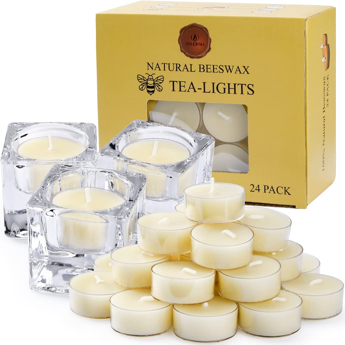 24 pcs Natural Beeswax Tealights Candle with 3 pcs Glass Tealight Candle Holder - Smokeless Clean Burning - White