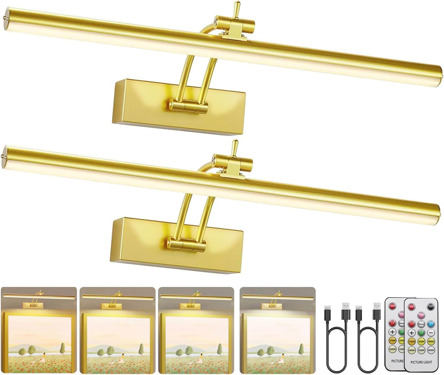 Yuichoy Picture Light 16in Battery Operated Art Lighting, Dimmable, 5200mAh, Wireless, Gold, Model Yun08-ZH-2HS
