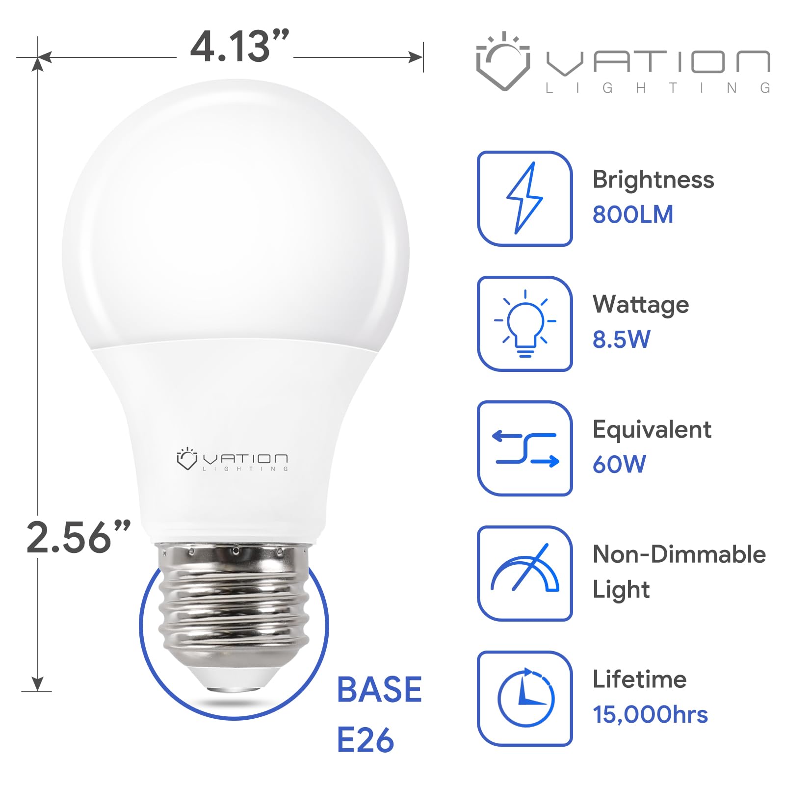 VATION LIGHTING 4 Pack A19 LED Bulbs, 5000K Daylight, 60W Equivalent, 8.5W, 800 Lumens, E26 Base, Non