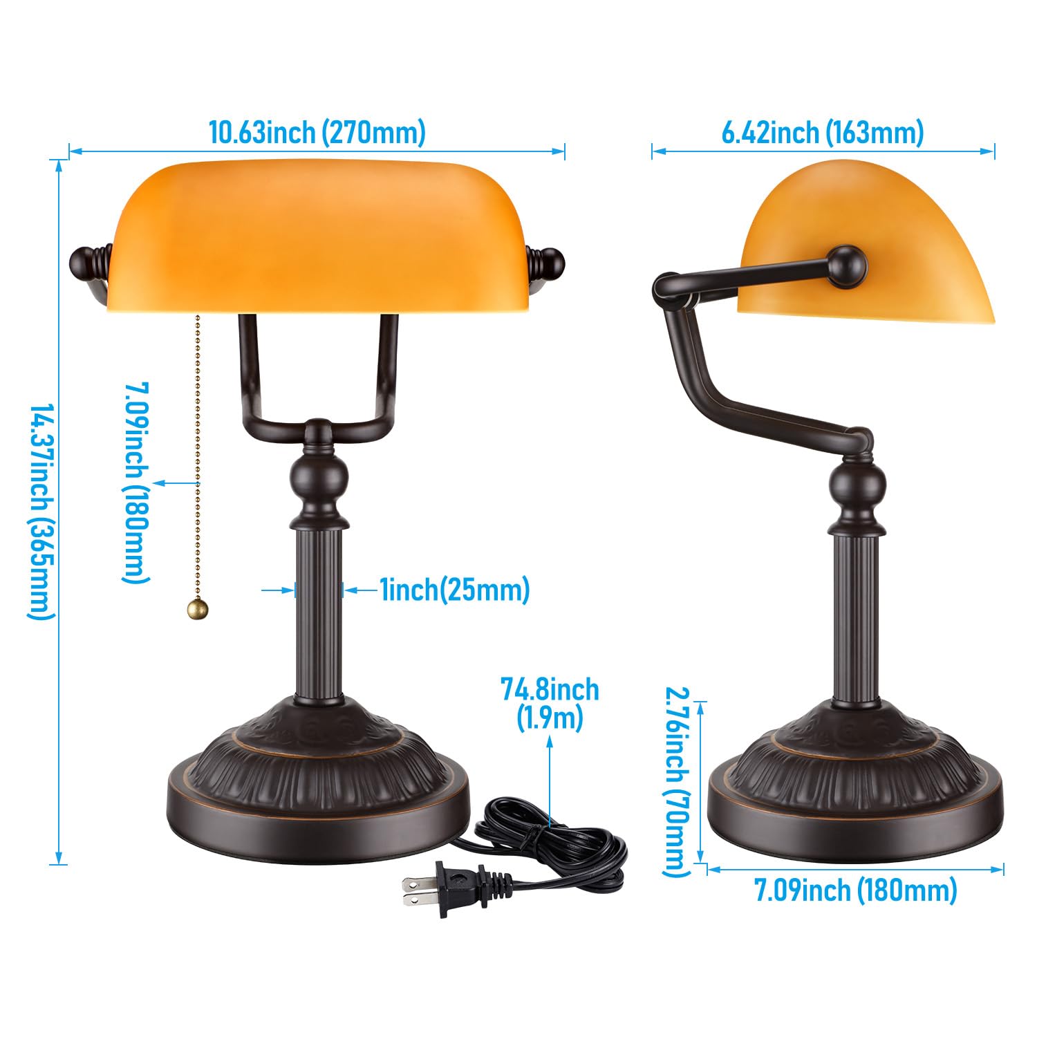 TORCHSTAR Bankers Desk Lamp, Vintage Amber Glass Shade, Bronze Base, E26, Model 35092, Matted Orange for Office & Study