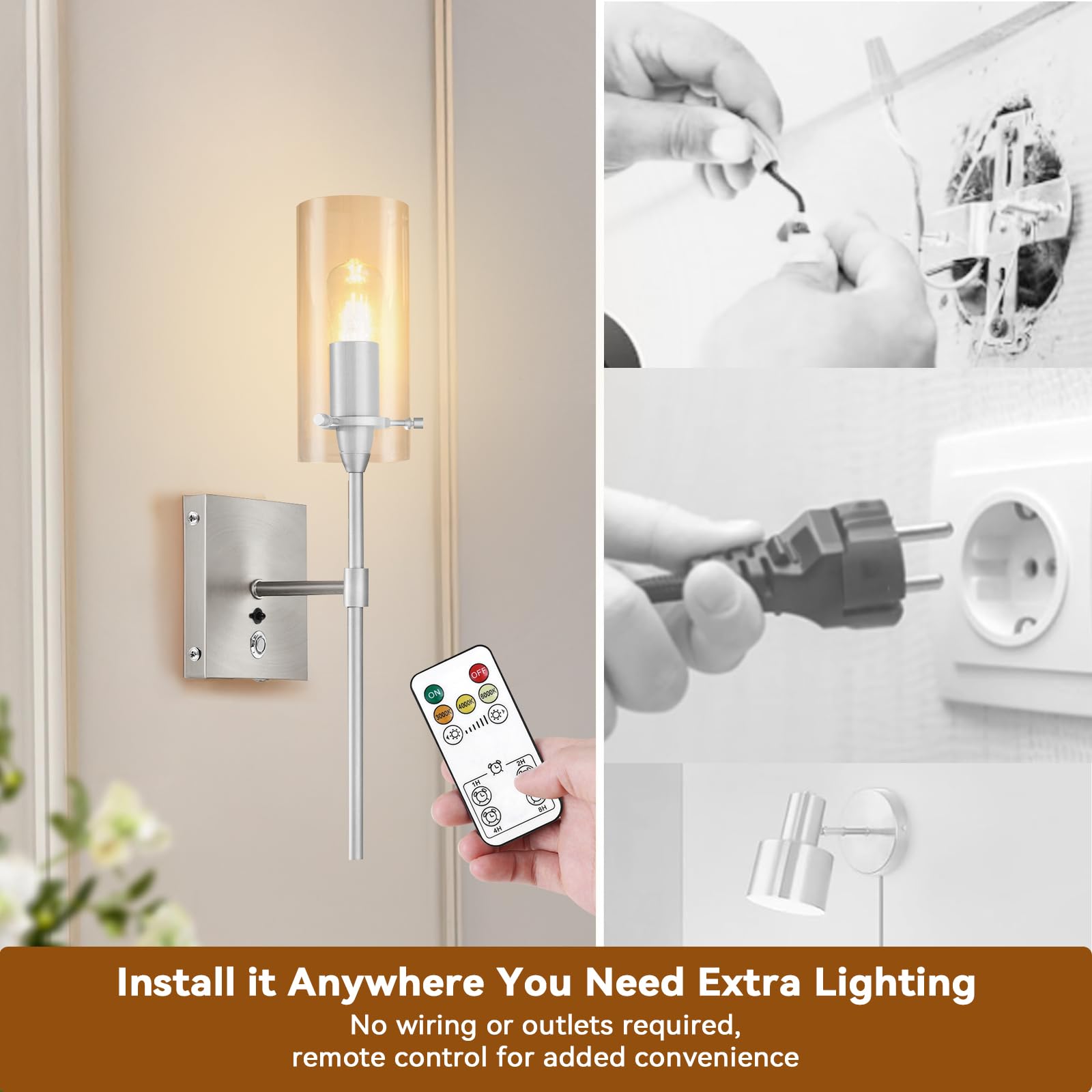 Aibisod 3-Color Battery Operated Wall Sconces With Remote Control Dimmable Battery Wall Sconces Set Of Two, Nickel Rechargeable