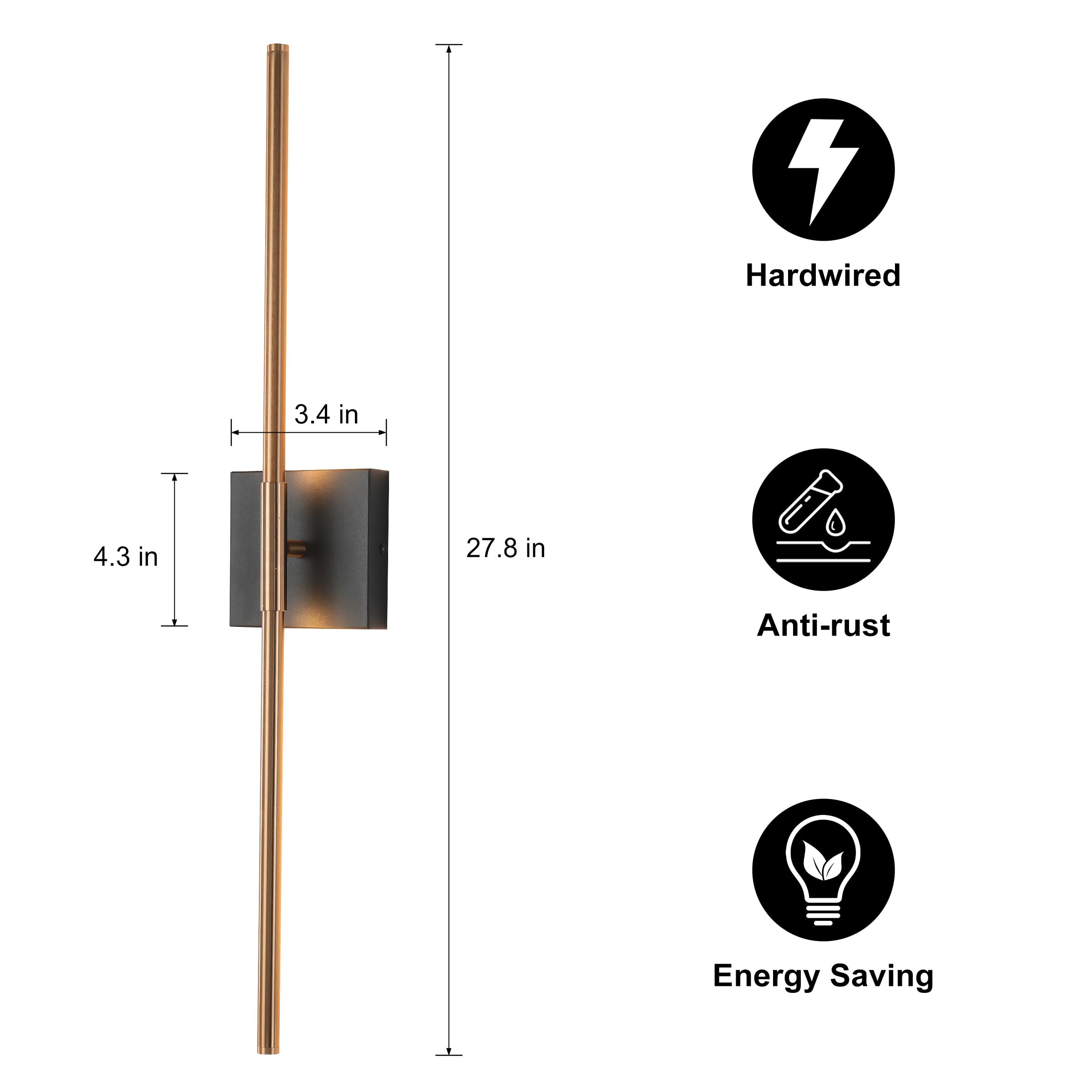 Kuzzull Modern Light Fixture Set Of Two 27.8X4.3X3.4In Black And Brass Gold Sconces 1200Lm Led Wall Lights For Bathroom, Living
