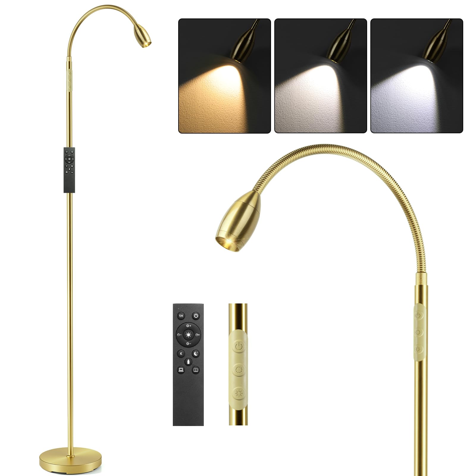 AUZONIMICS Reading Floor Lamp, 72in Tall LED, Dimmable Spotlight, Adjustable Color Beam, Light Gold, Model FLL-007-F2-GD