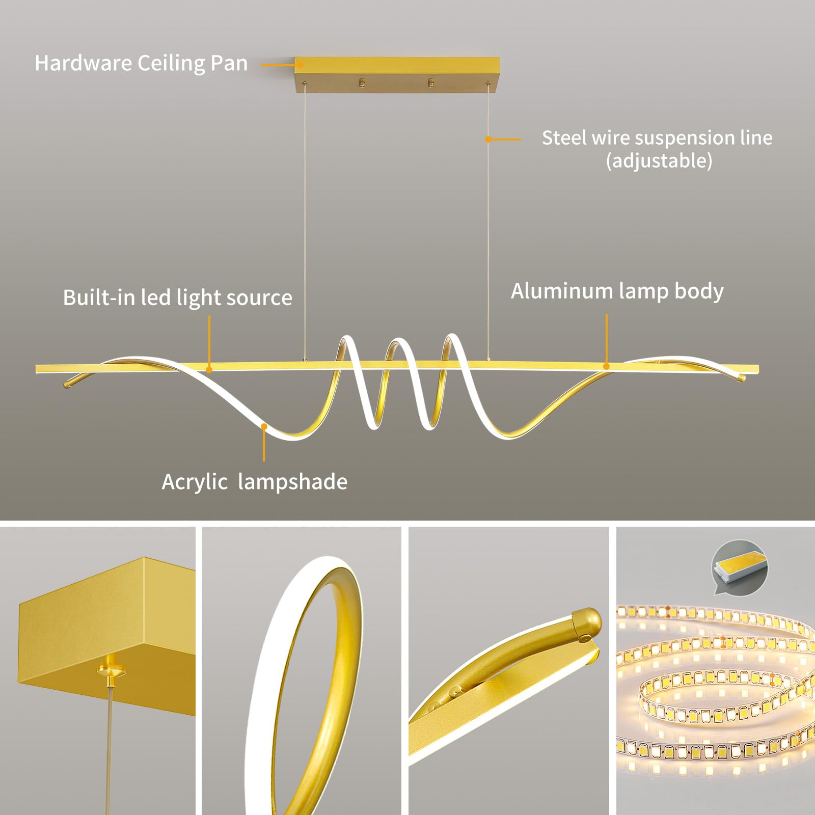 Matven Modern Dimmable Desk Linear Pendant Light, Remote Control, 3 Color Modes, 59IN, Gold